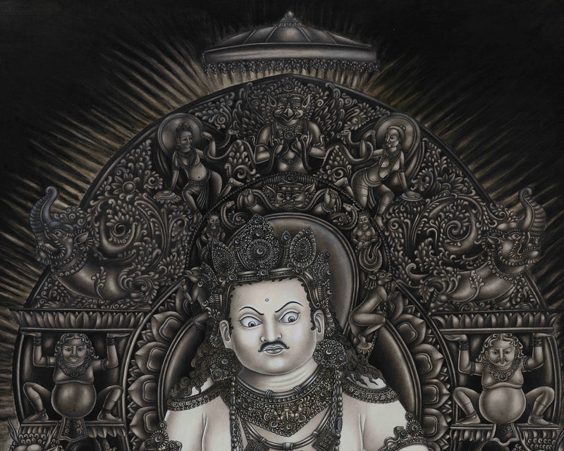 Majestic Kubera, God of Wealth | A Modern Charcoal Thangka Depiction