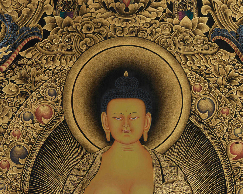 Enthroned Shakyamuni Buddha Gold Thangka | The Awakened One | The Supreme Teacher