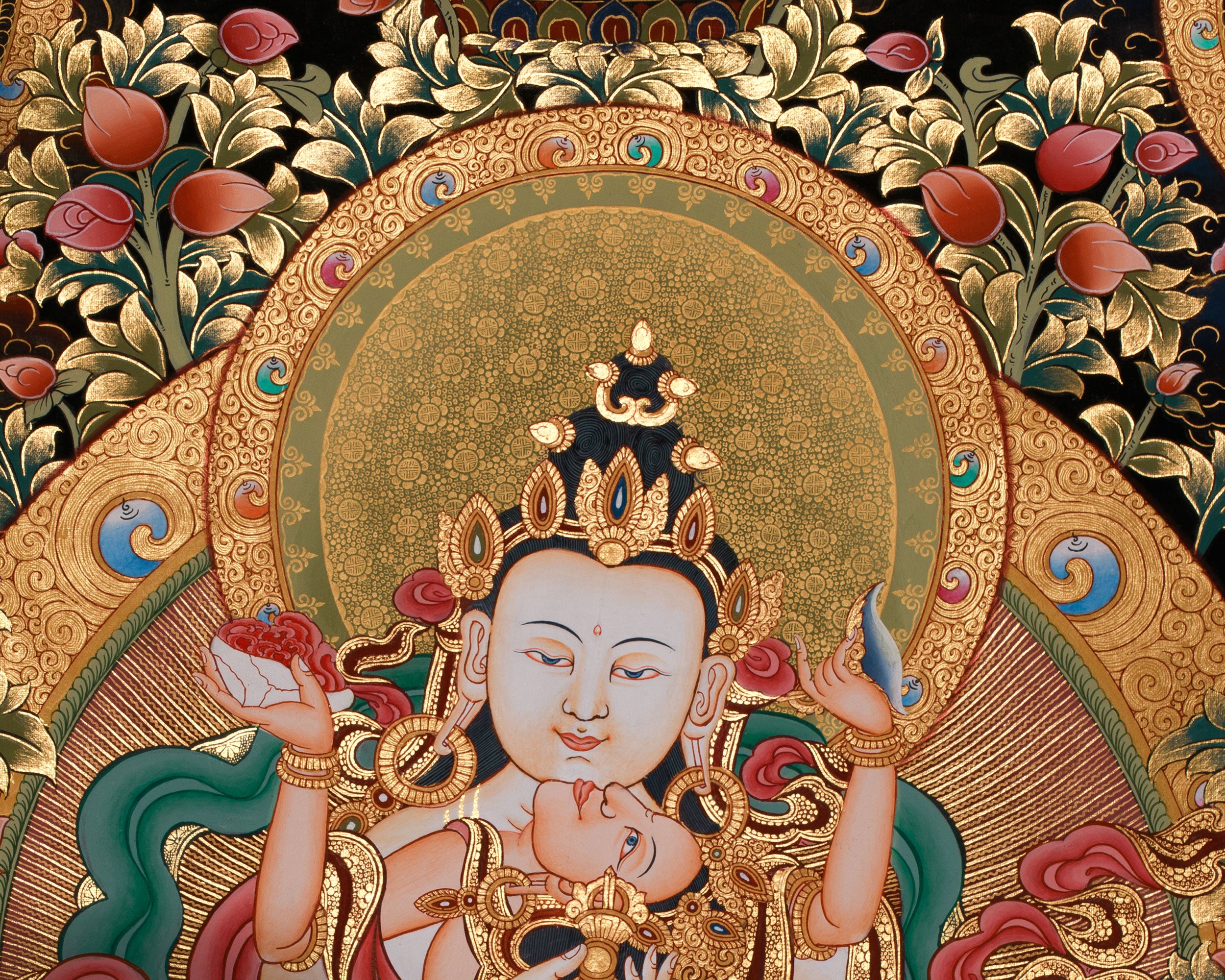 Unique Tibetan Vajrasattva and Consort Thangka | Spiritual Masterpiece with Gold Accents
