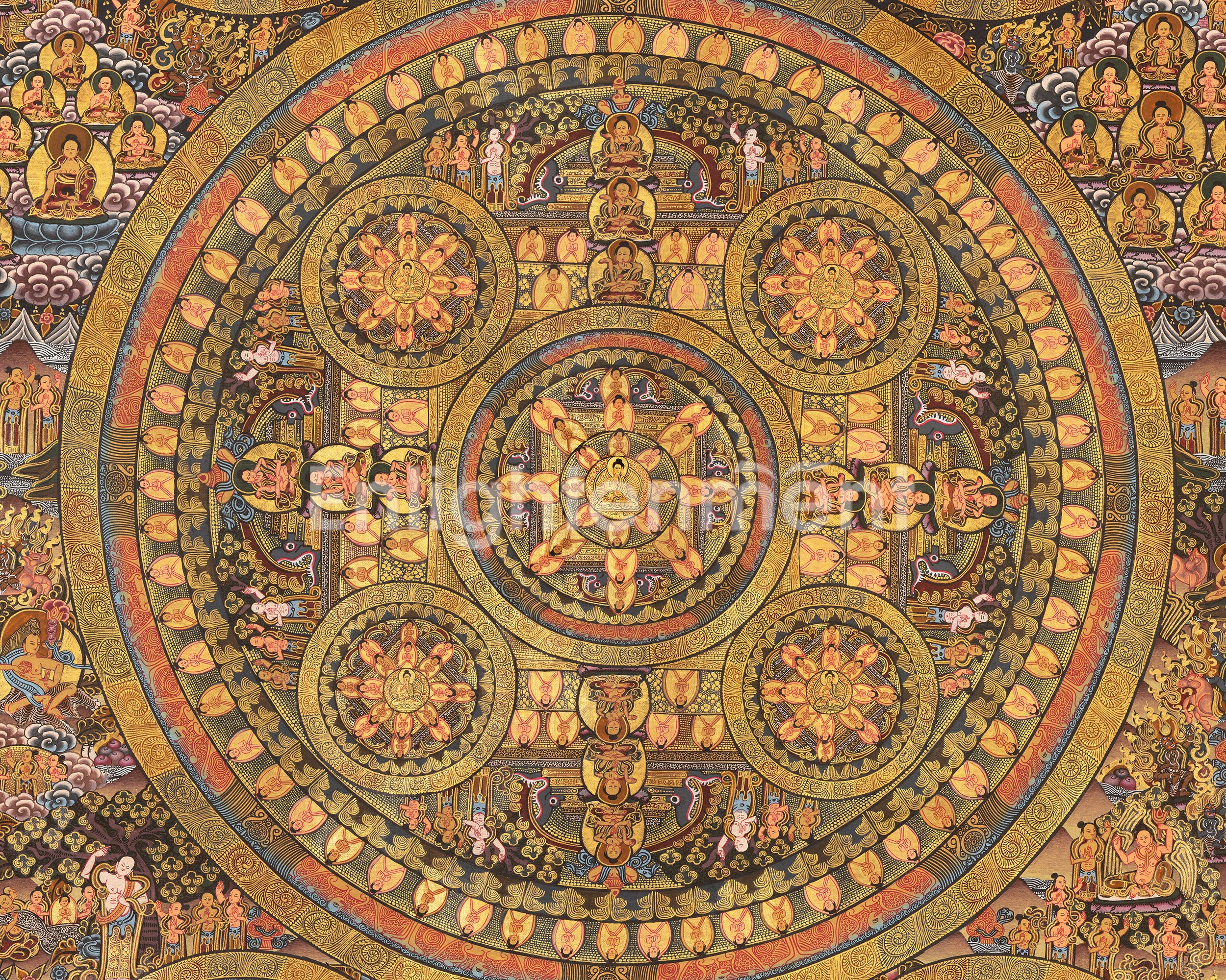 Detailed Buddha Mandala Thangka | Gold Adorned Buddhist Artwork