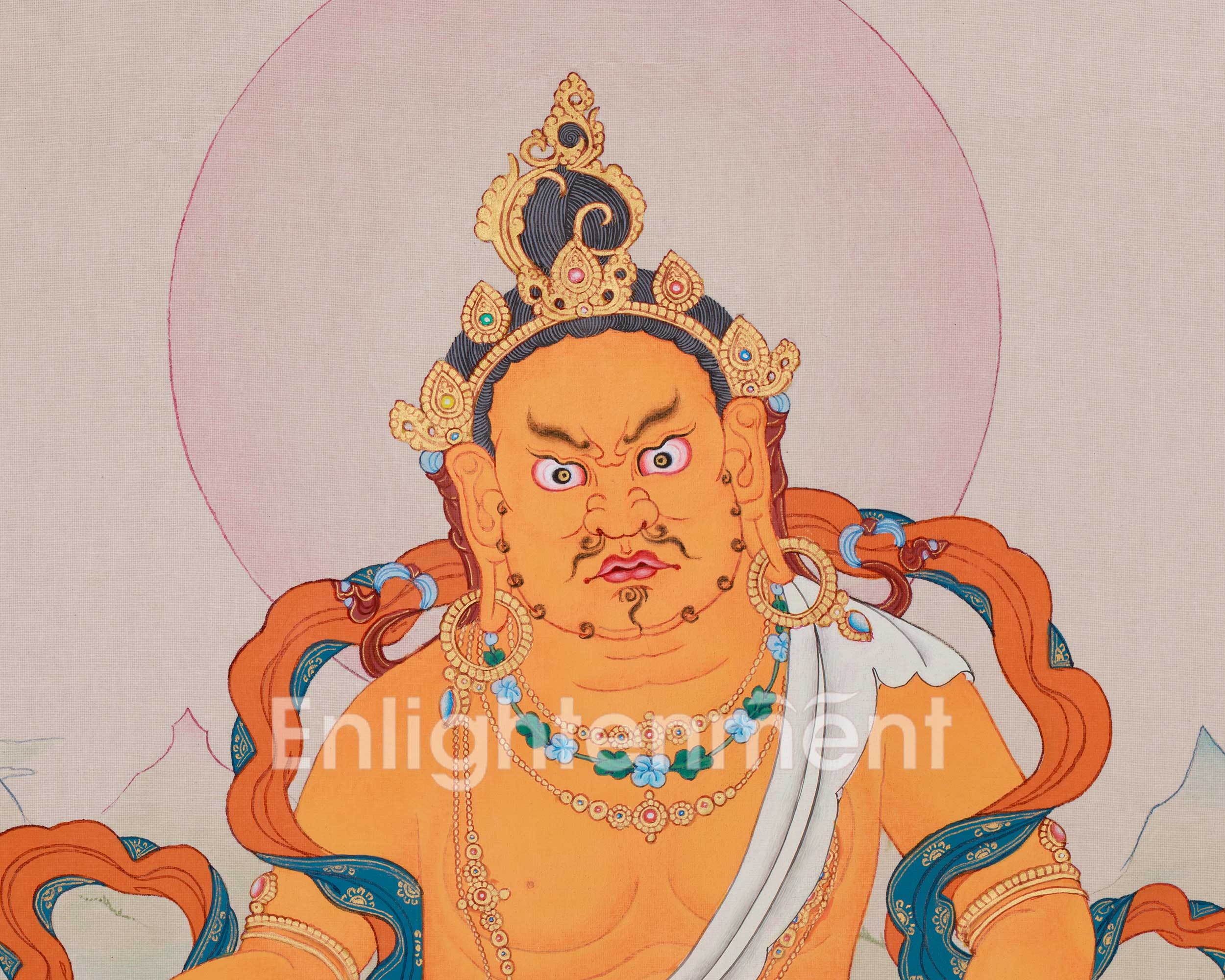 Handmade Dzambhala Thangka | Wealth Deity with Jewel Mongoose and Citron Fruit