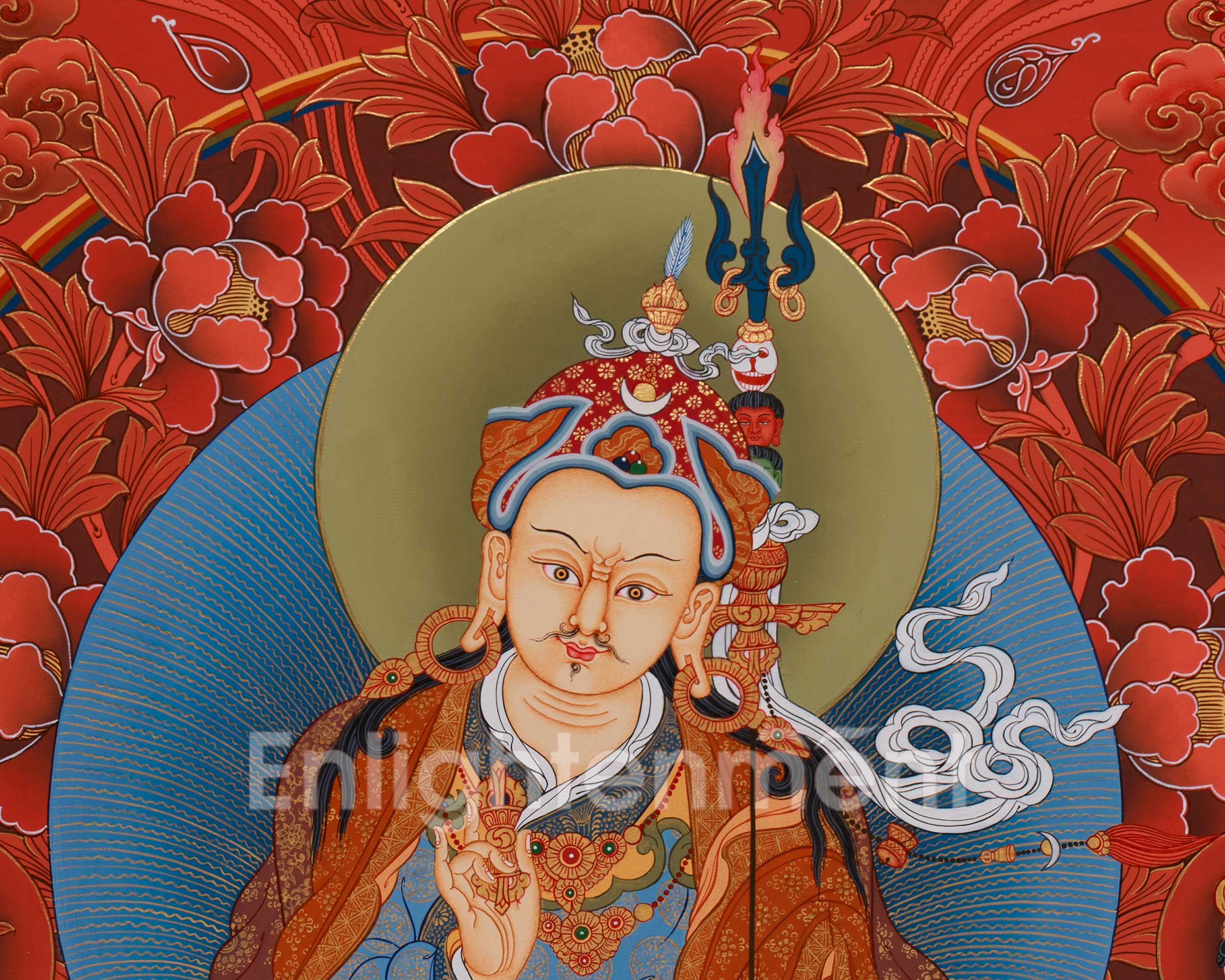 Peaceful Guru Tsokye Dorje | Red Hues Tibetan Artwork