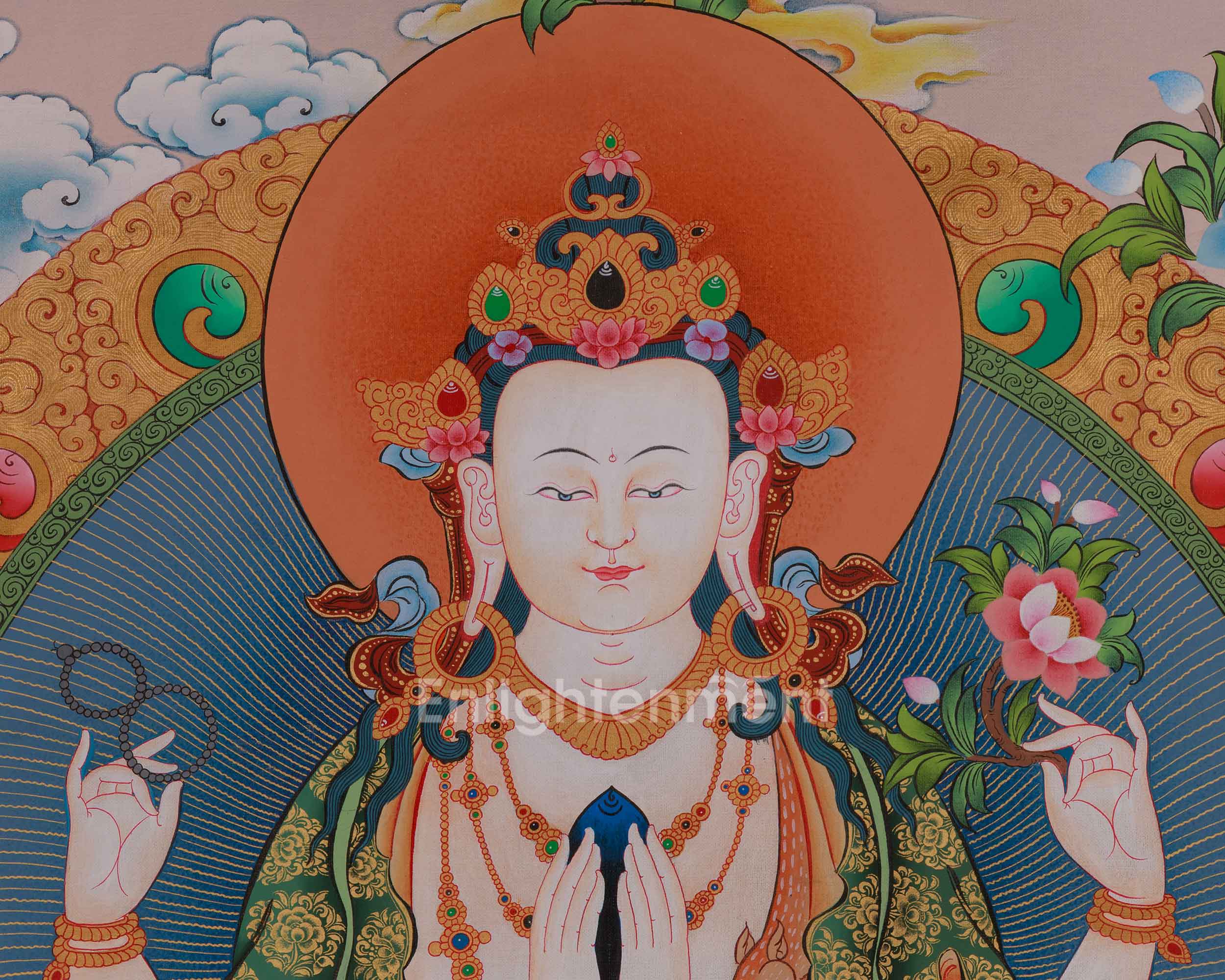 Chenrezig with Amitabha, Manjushri, and Vajrapani Thangka | Avalokiteshvara Art