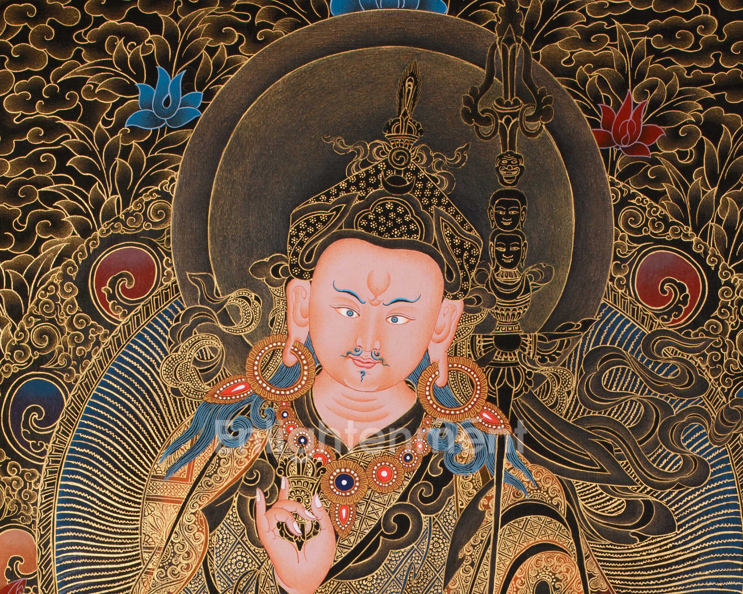 Guru Tsokyé Dorje Thangka | Masterful Gold Detailing on Black Canvas