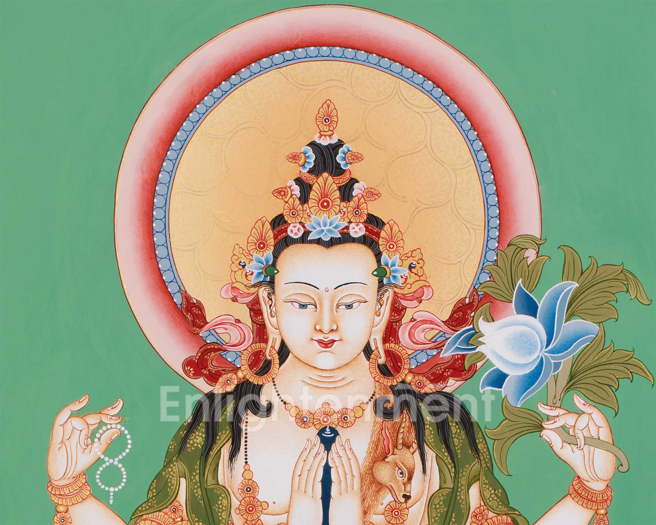 Hand-Painted Four-Armed Chenrezig | Bodhisattva of Compassion on Green Canvas