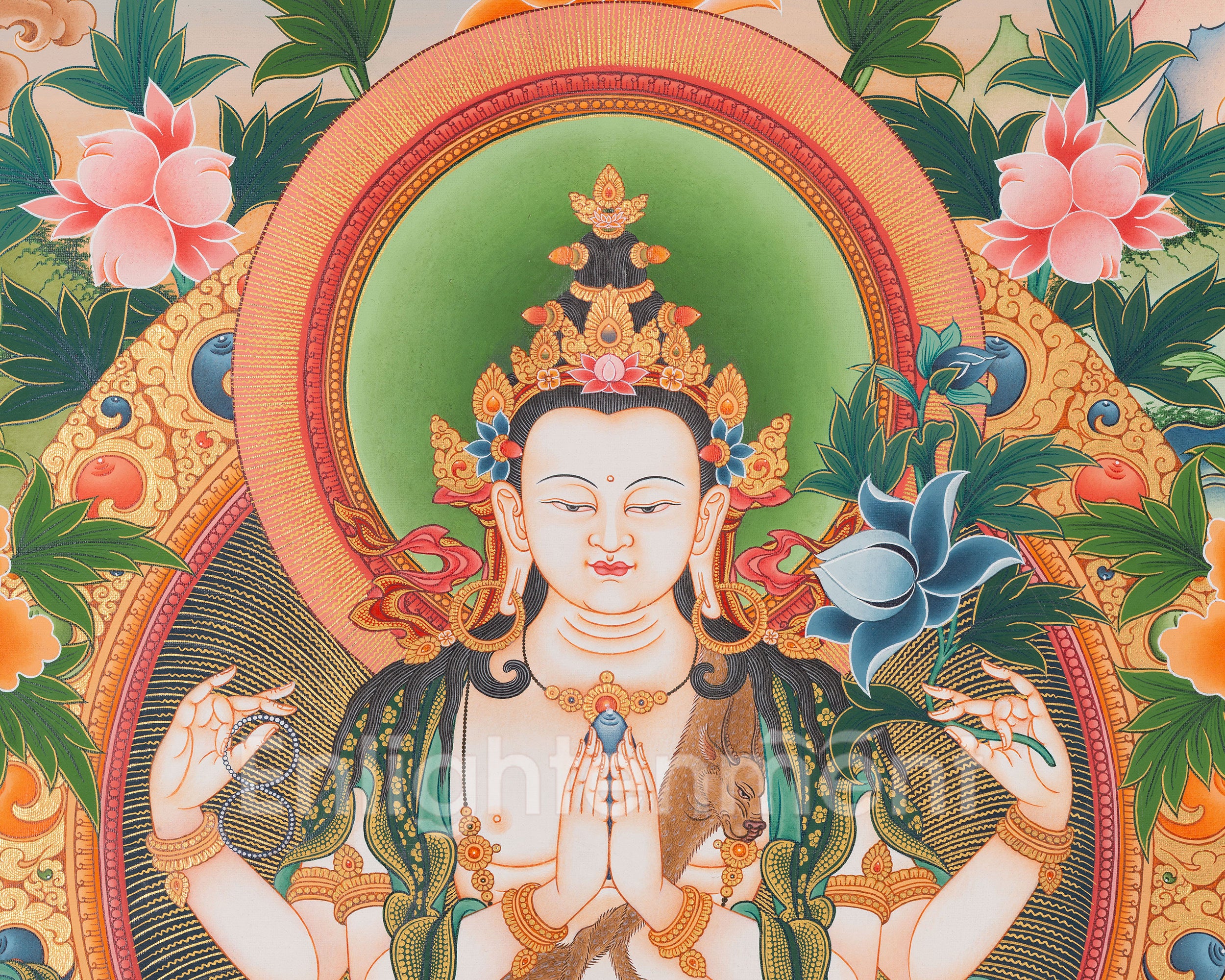 Divine Compassion in Eri Style: Avalokiteshvara Artwork with Amitabha Buddha, Manjushri and Vajrapani Figures