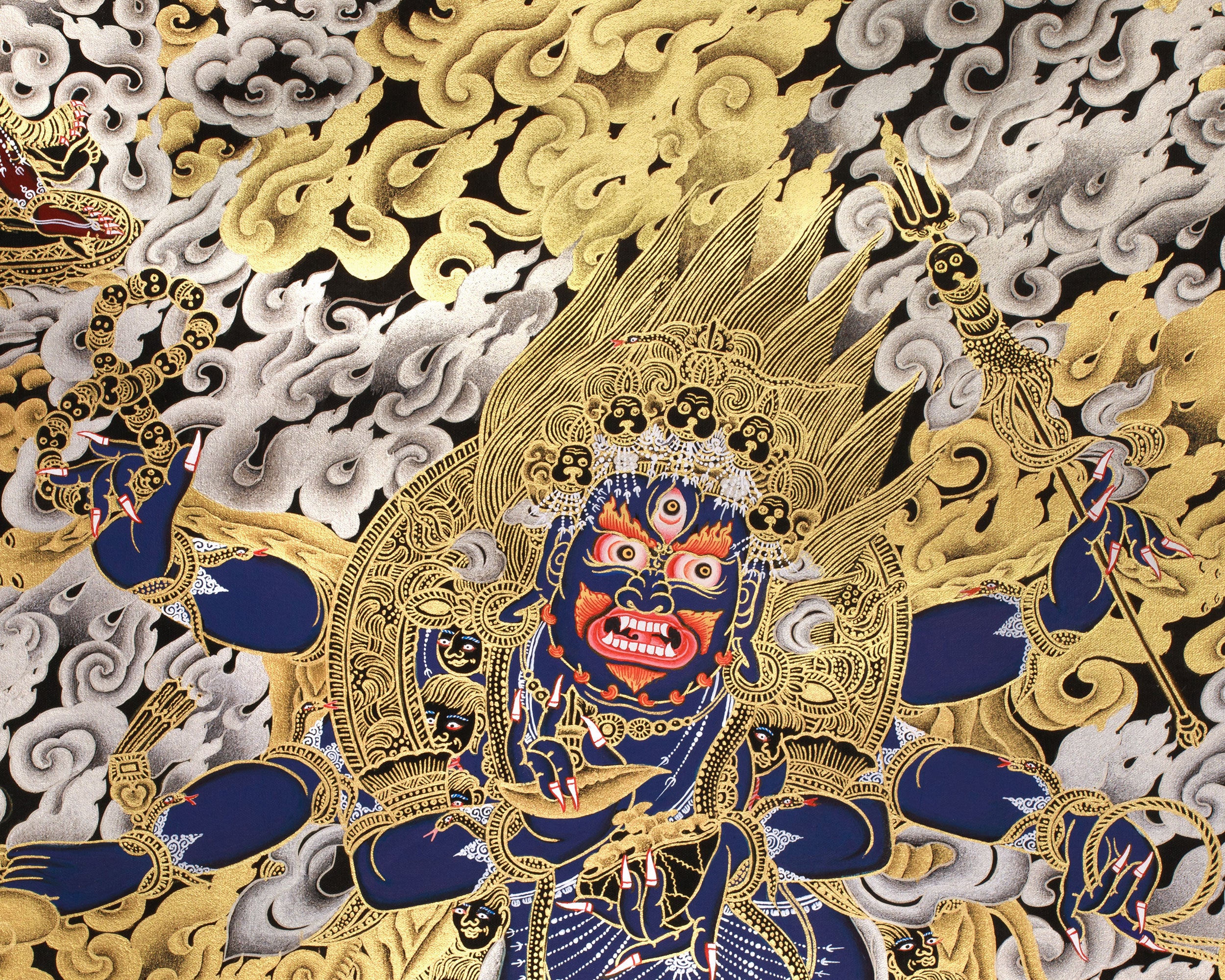 Wrathful Mahakala with Dharma Protectors | Divine Guardian Thangka | Gold and Silver on Black Canvas