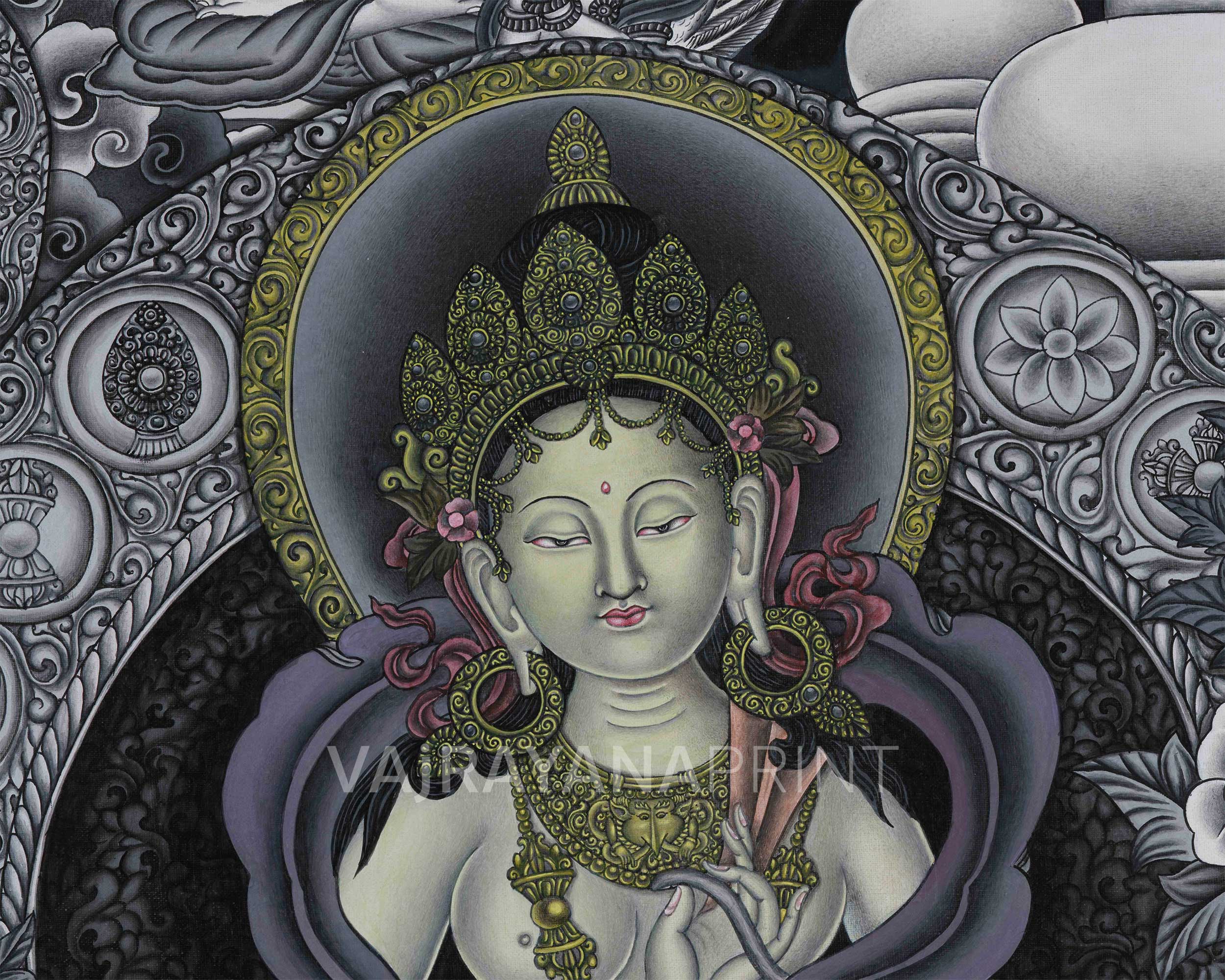Goddess Green Tara Digital Print | Monochromatic Giclée on Cotton Canvas
