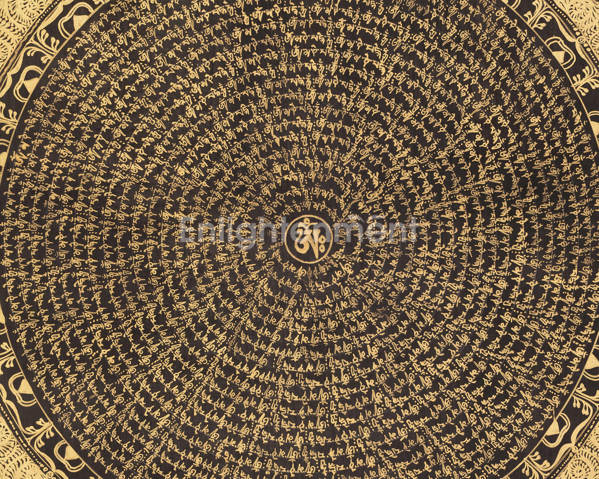 Tibetan Thangka of Mantra Mandala | Sacred Gold-on-Black Buddhist Artwork