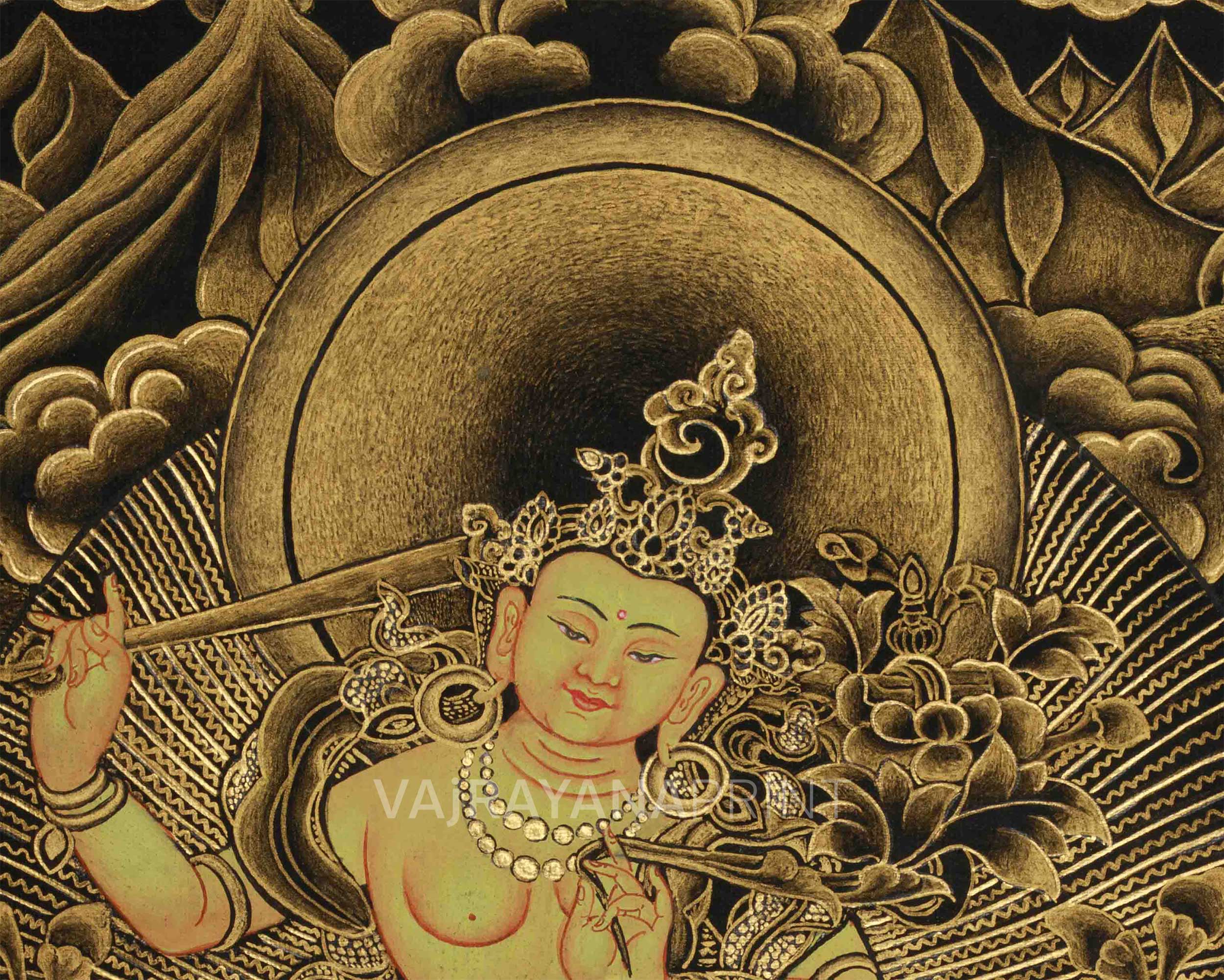Golden-Hued Vajrayana Buddhist Manjushri Print | Wisdom Deity Wall Art for Altar