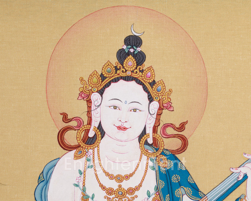 Mother Saraswati Thangka | Sacred Art of Music, Wisdom, and Spiritual Enlightenment