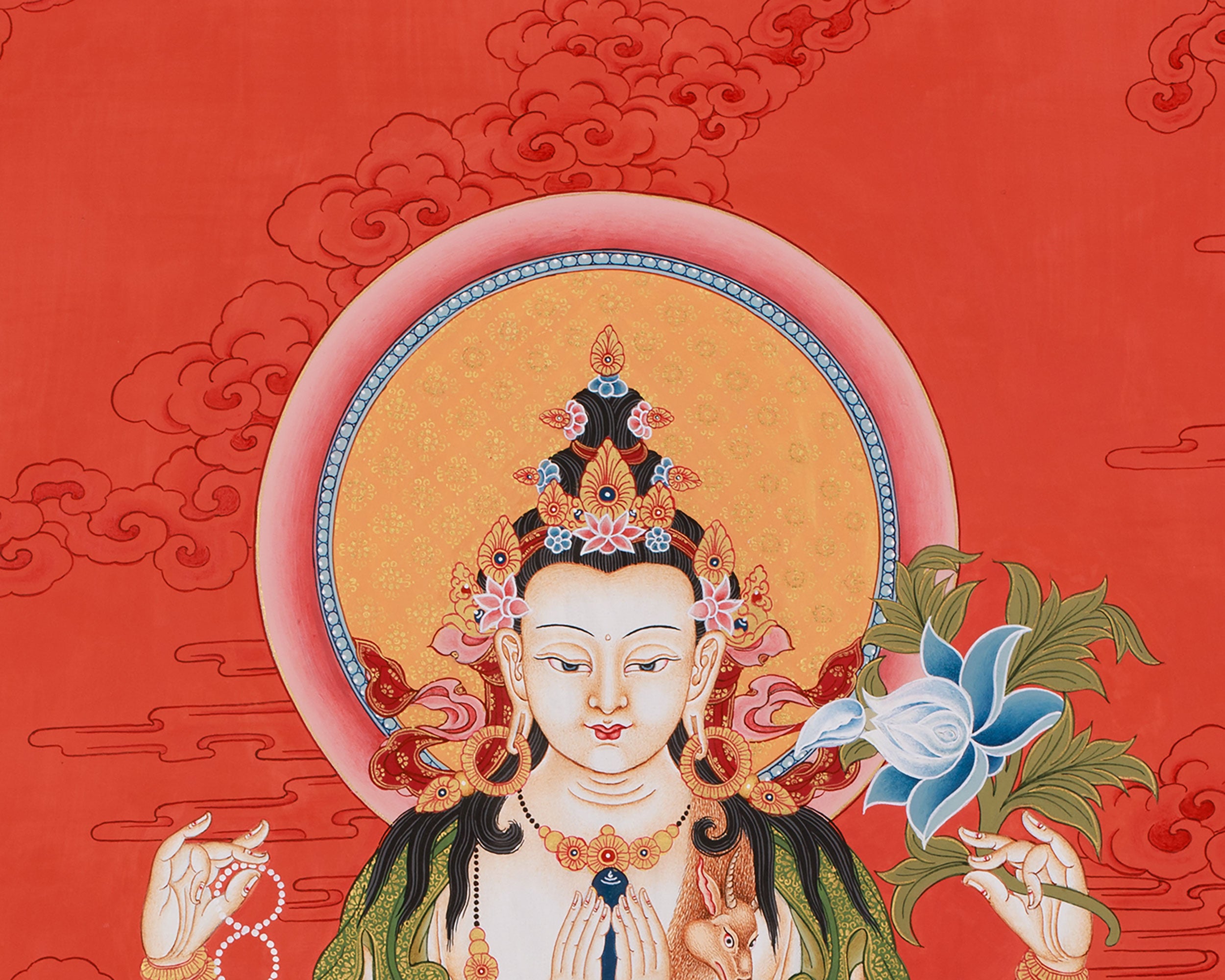 Thangka of Bodhisattva Chenrezig | Minimal Red Hues Artwok