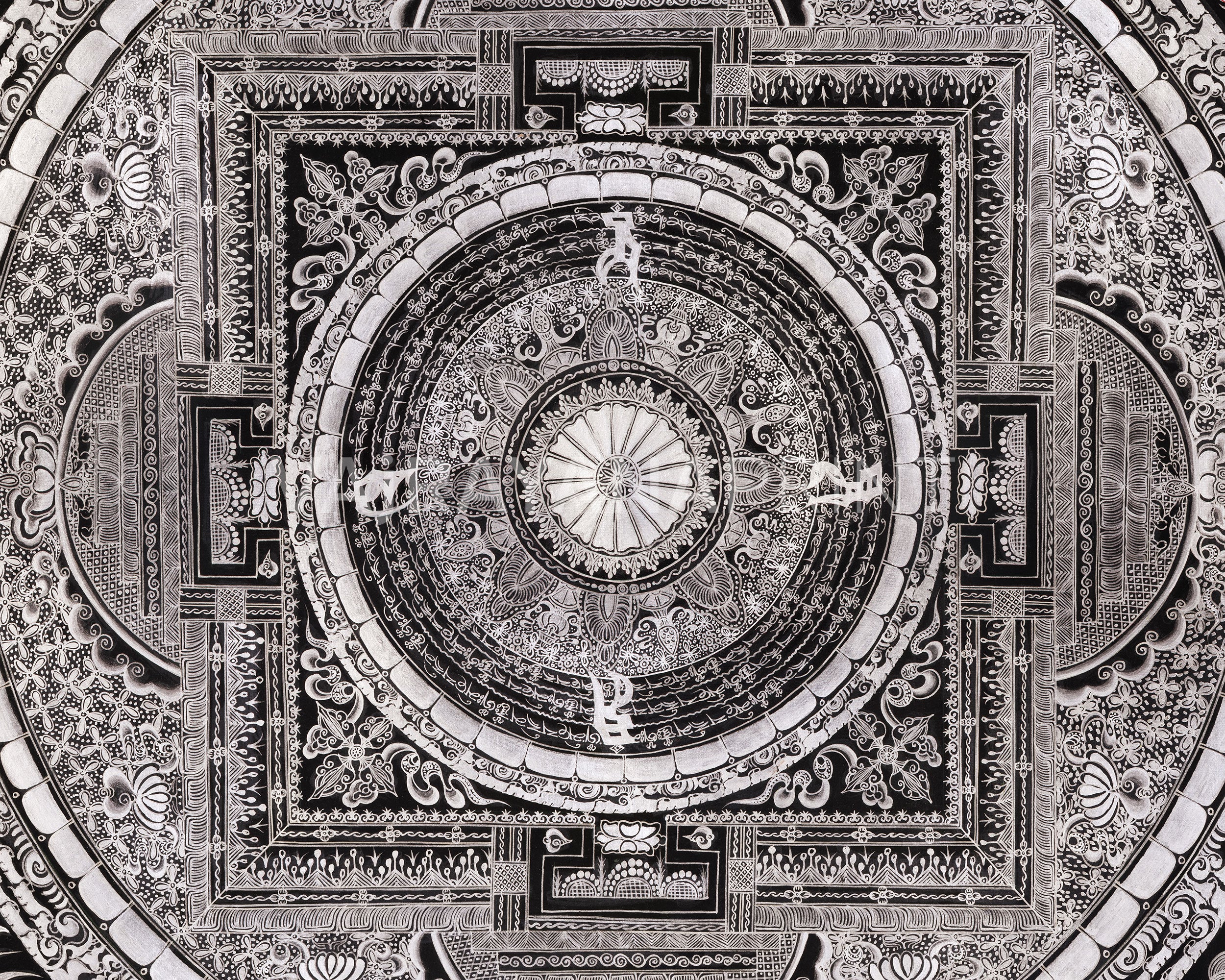 Giclée Mantra Mandala Print | Mythical Creatures, Concentric Circles, and Protective Mantras