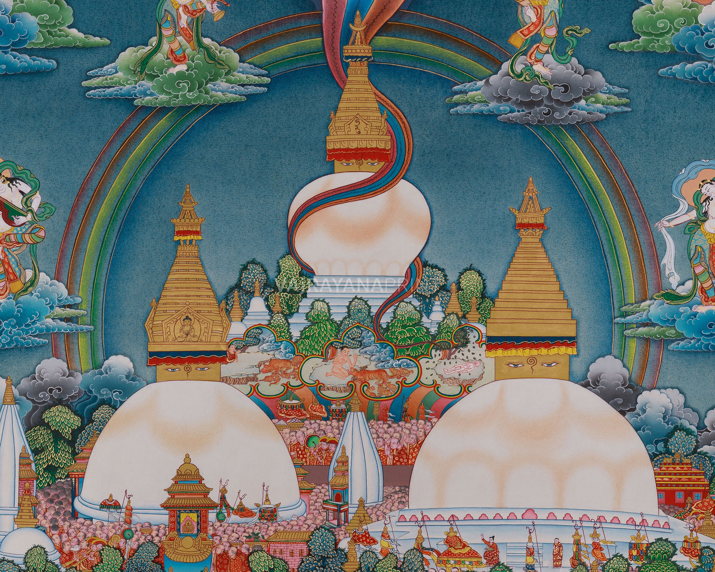 Five Buddha and  Boudha Stupa Thangka, Tibetan Meditation Wall Art