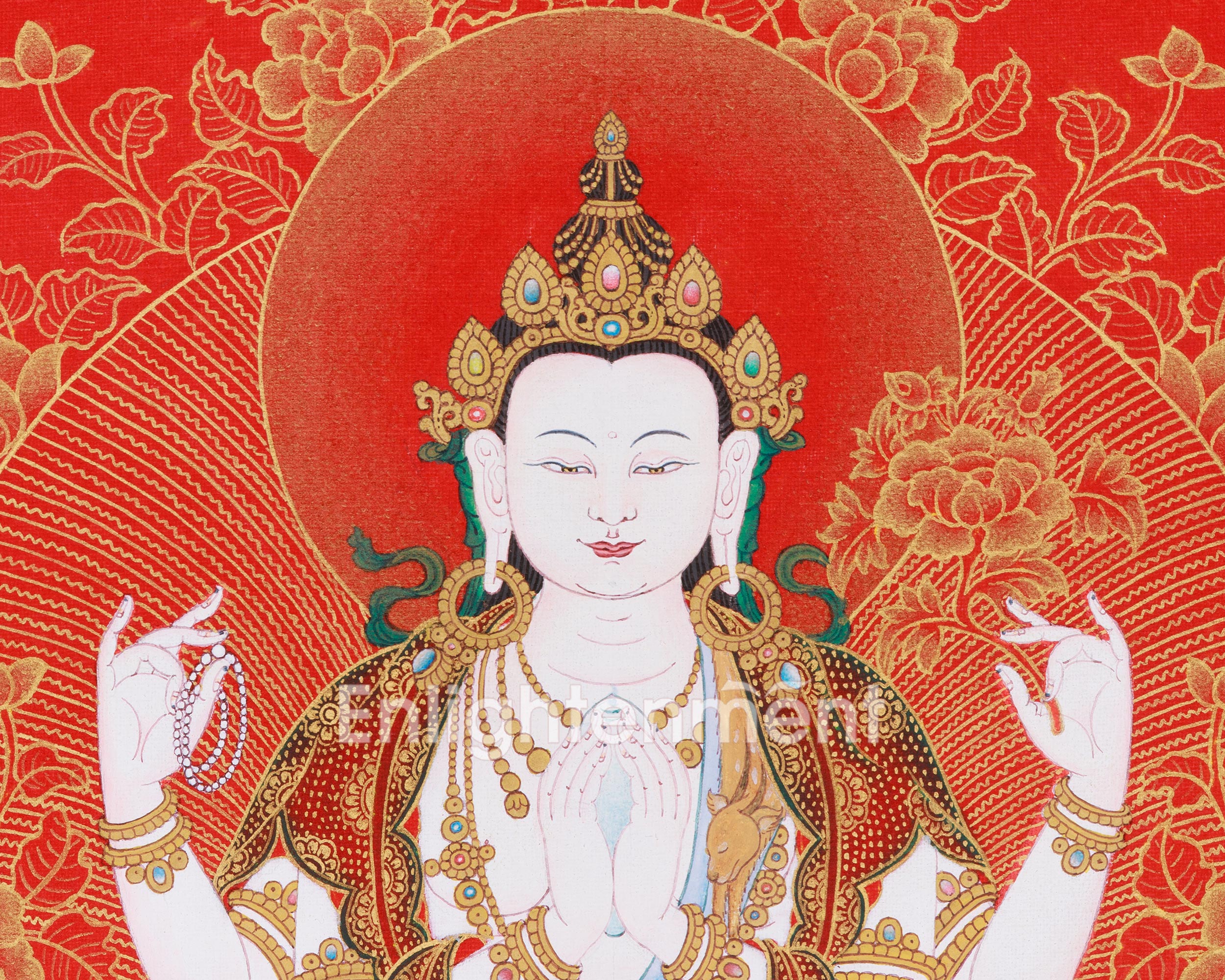 4 Arms Chenrezig Thangka | Nakthang Style with 24K Gold on Red Canvas