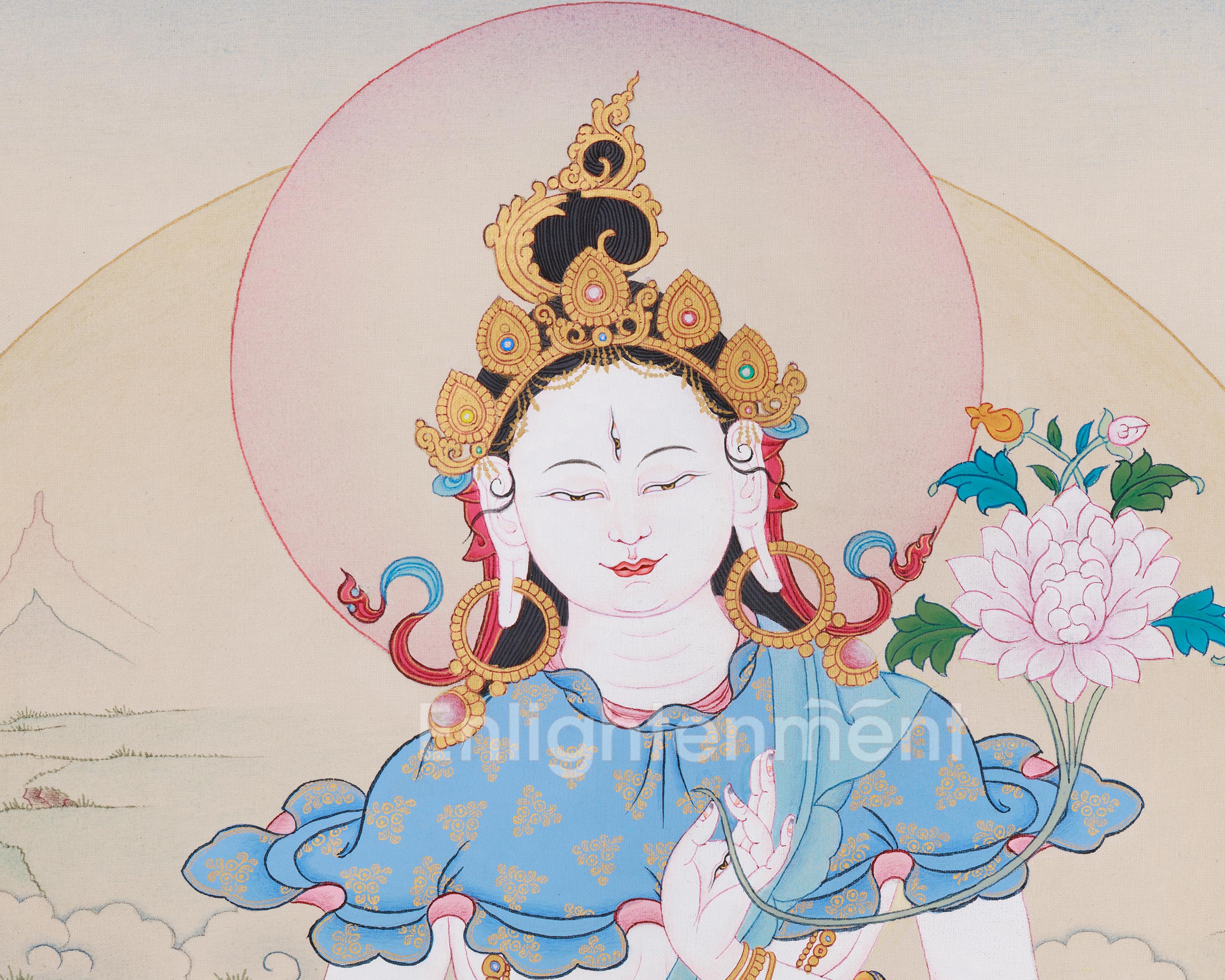 Buddhist Goddess White Dolma | A Sacred Thangka of Purity, Compassion, and Spiritual Healing