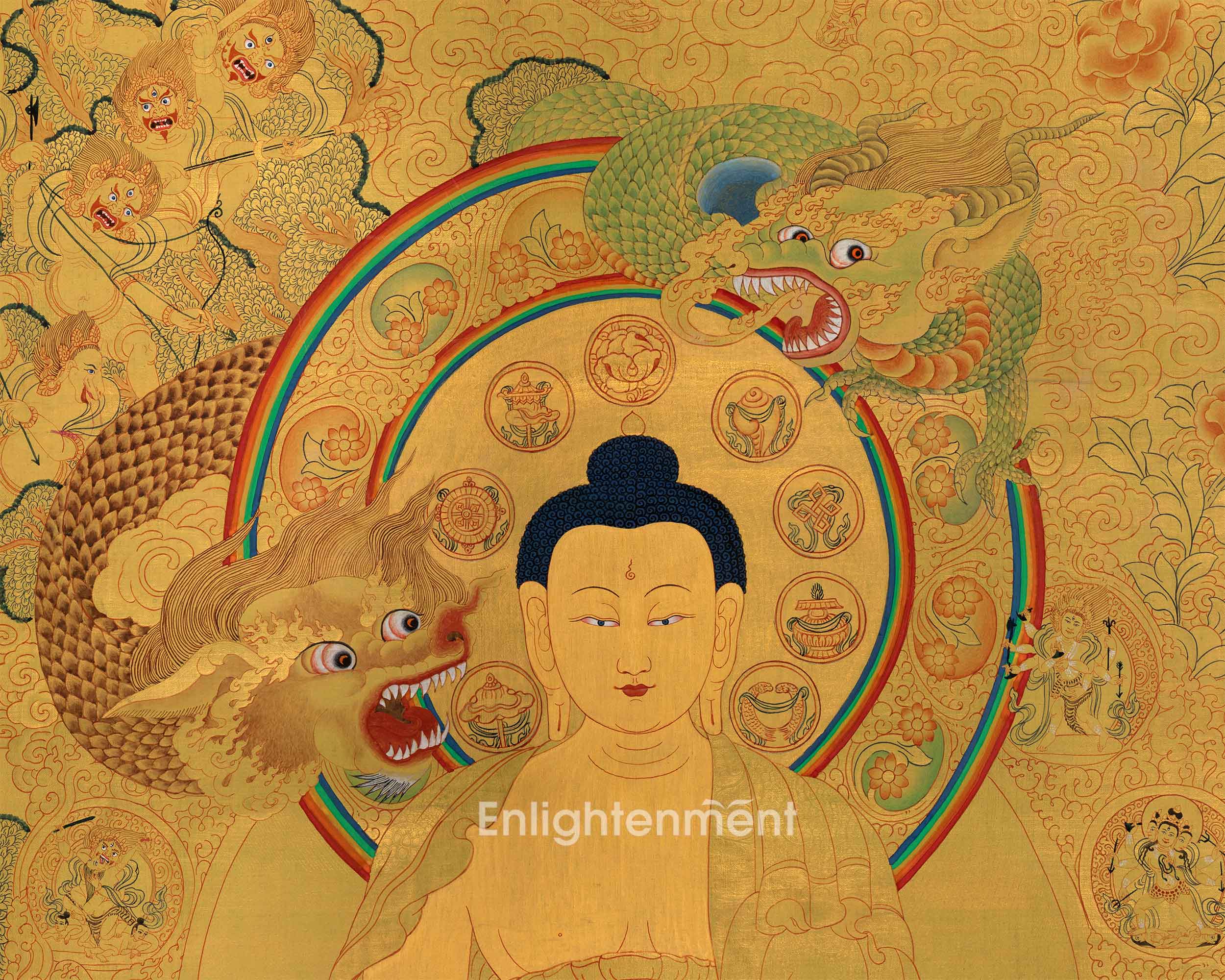 Divine Gautama Buddha Art | Shakyamuni Thangka in Glorious Gold | Traditional Hand Painted Thangka Art
