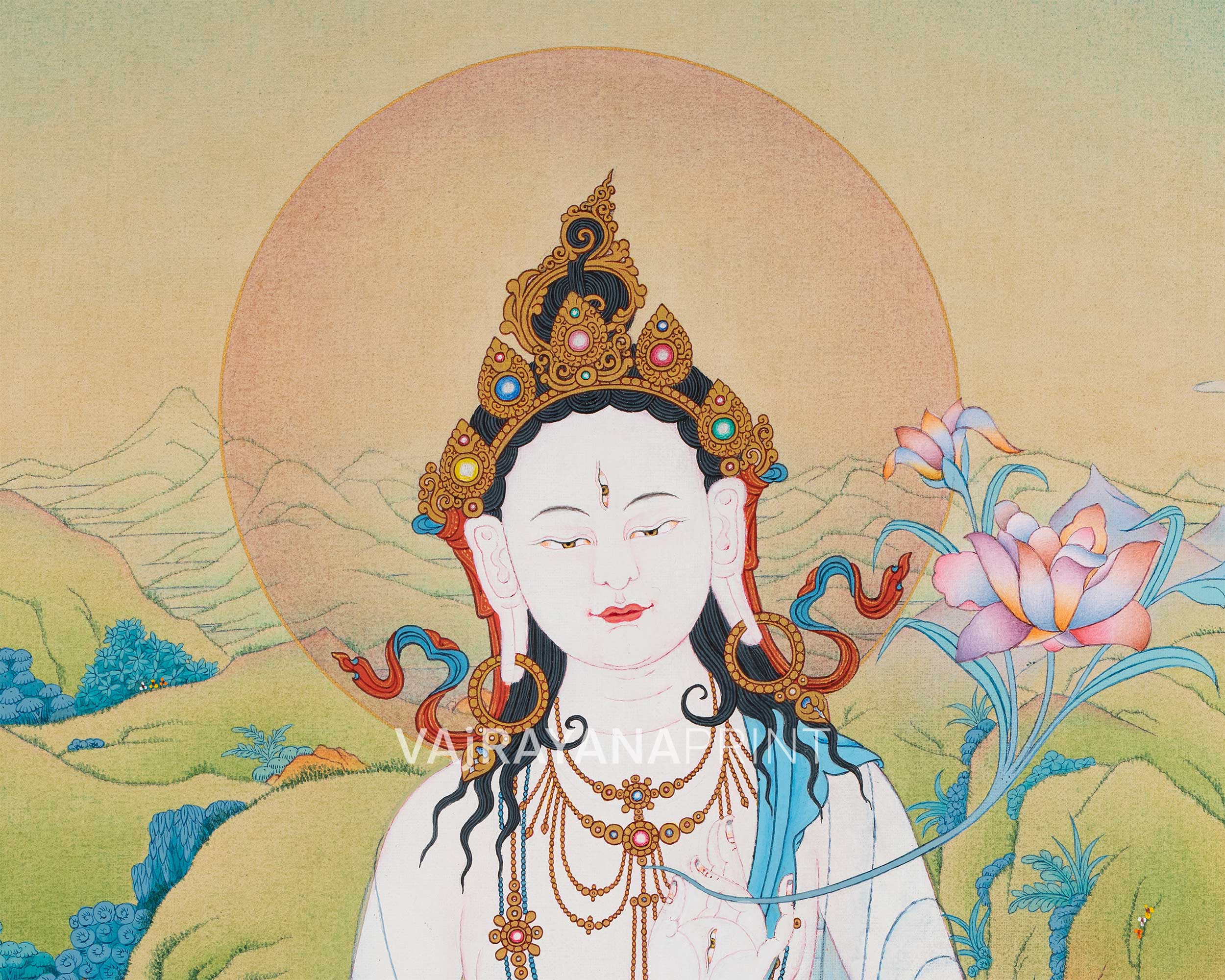 White Tara and Bodhisattvas Thangka Print | White Tara, Amitayus, and Namgyalma For Wall Decor