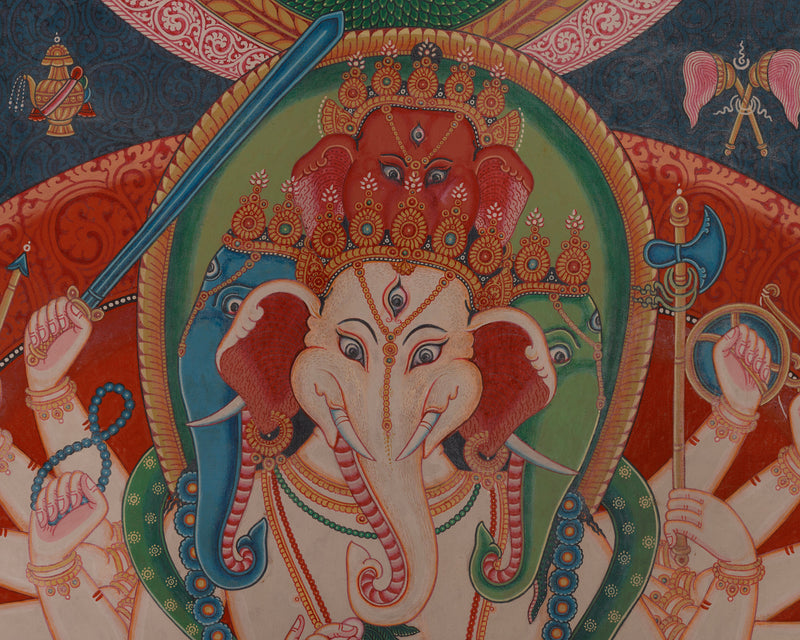 Four Head Ganesha Thangka | Hand-Painted Chaturmukha Ganesha