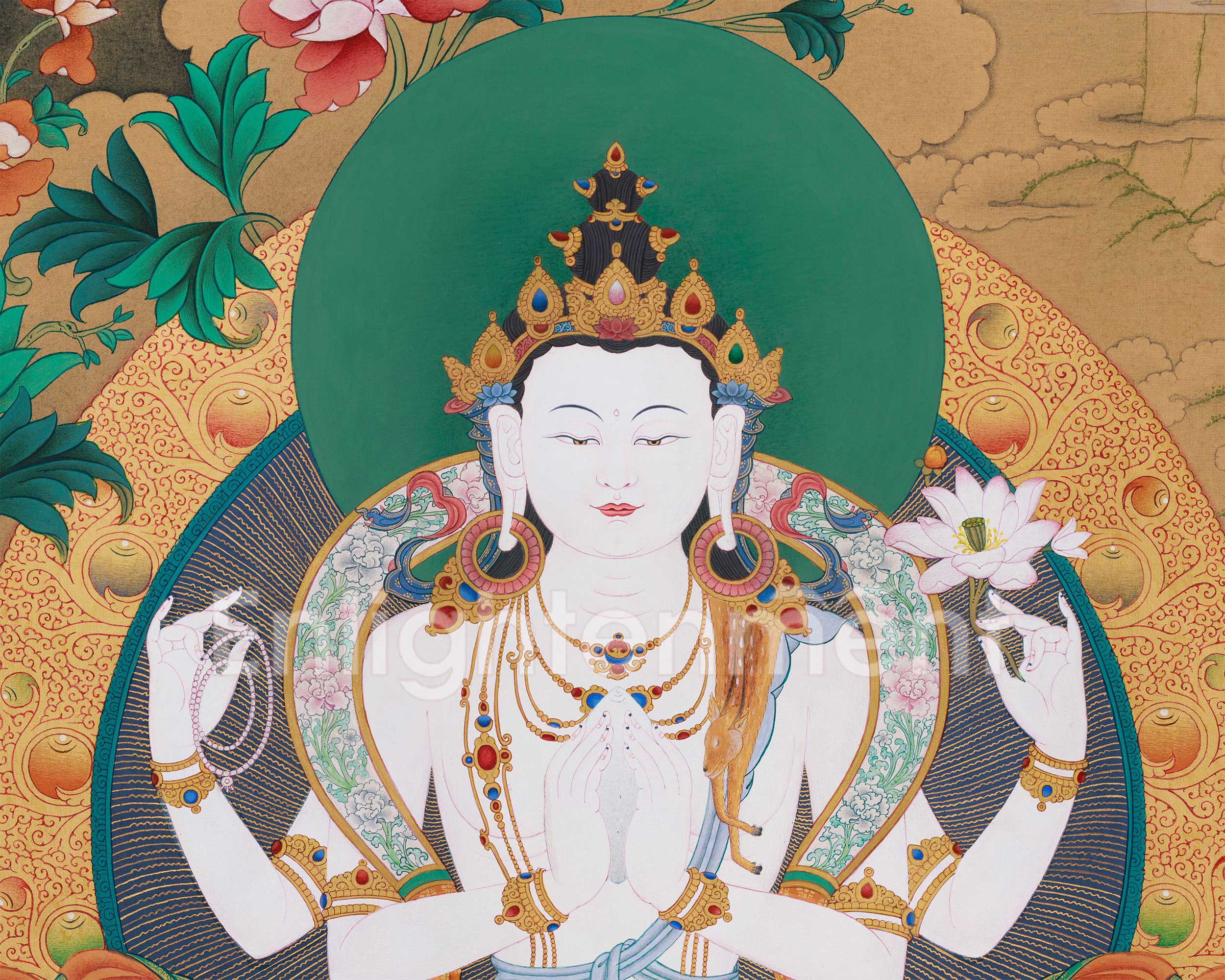 Grand 30x40 Inch Buddhist Thangka of Chenrezig, Manjushri, and Vajrapani | Symbol of Enlightened Trinity