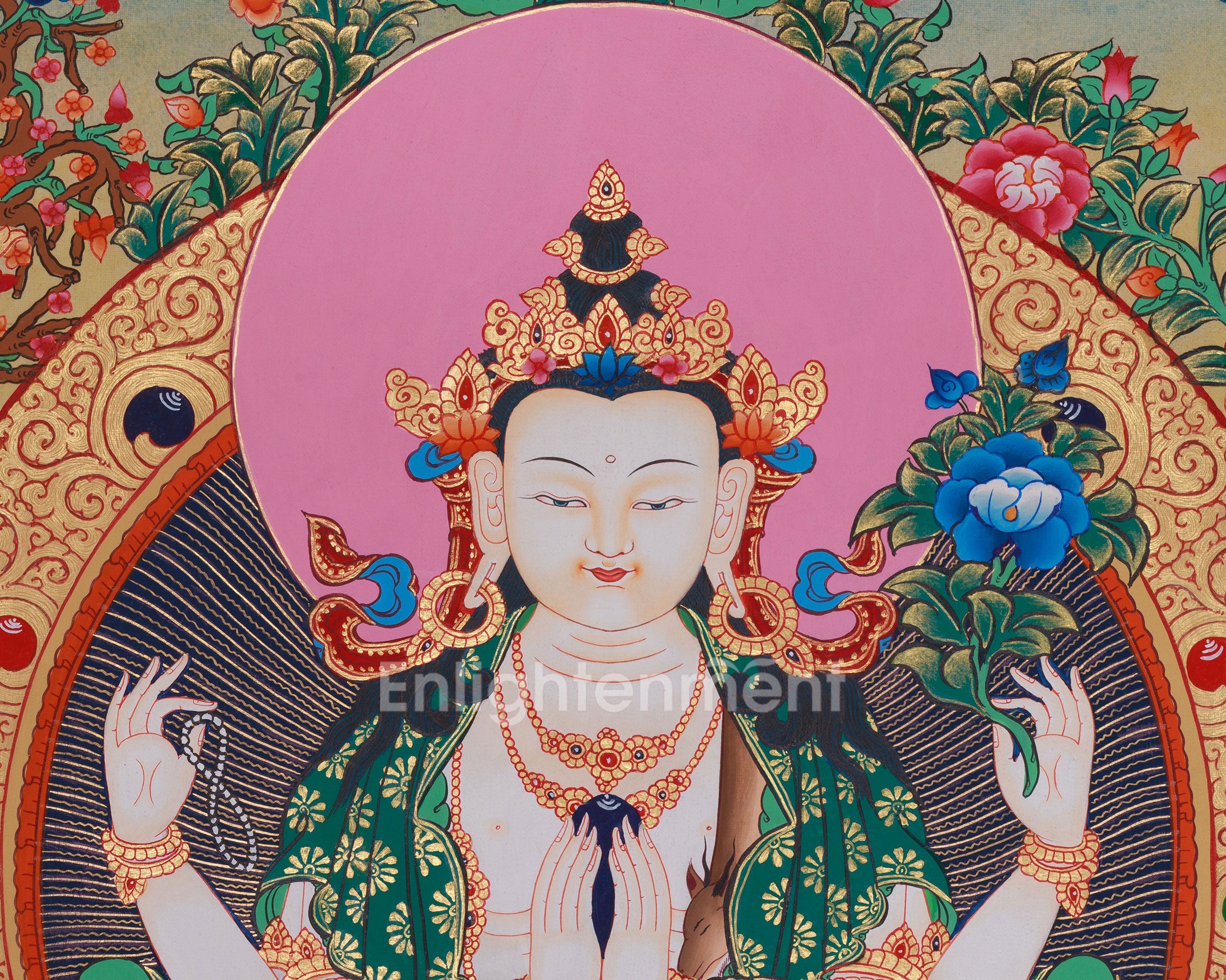 Chenrezig with Amitabha, Manjushri, and Vajrapani Thangka | Sacred Tibetan Art