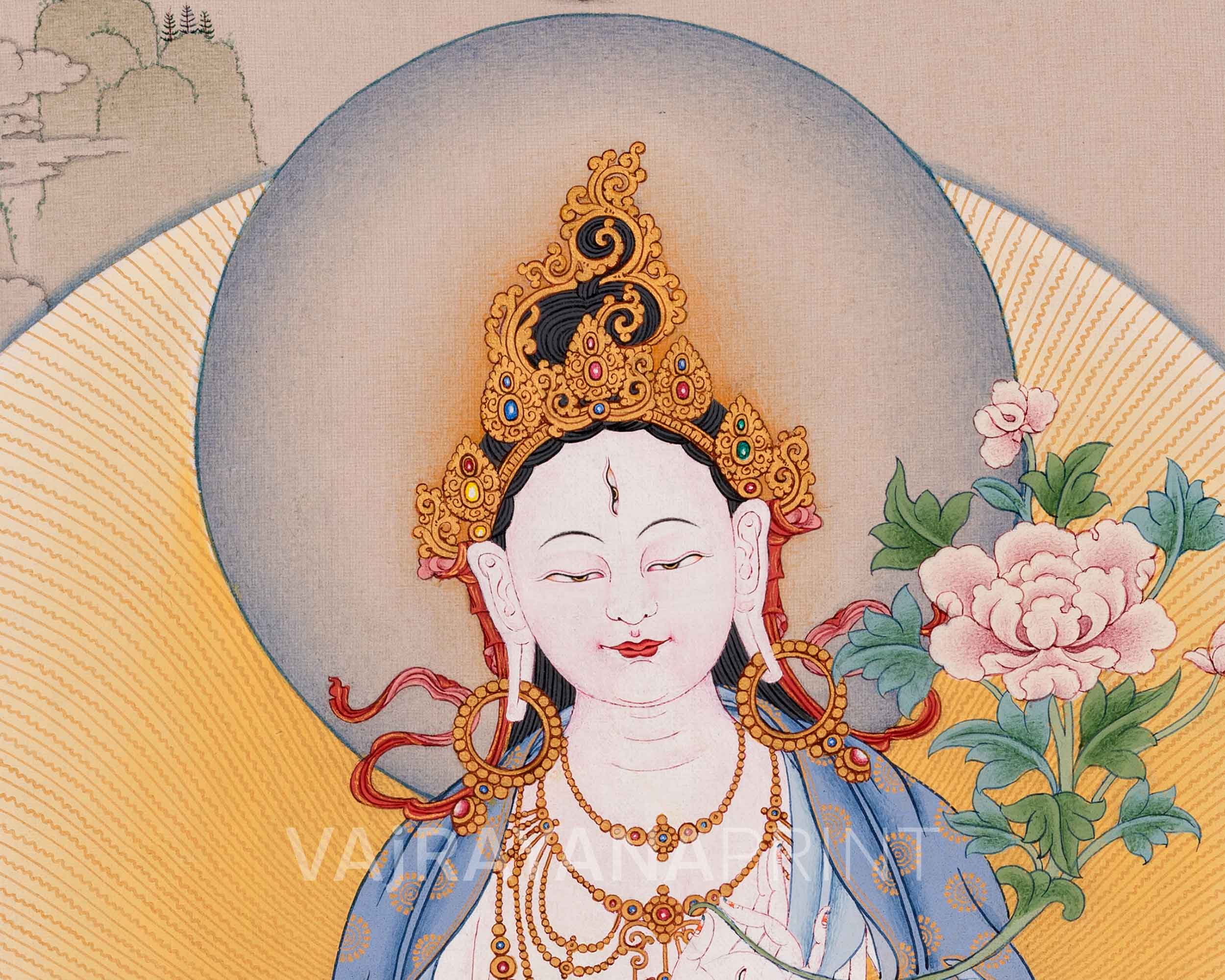 Thangka Print of White Tara | Tibetan Artwork of the Three Longevity Deities