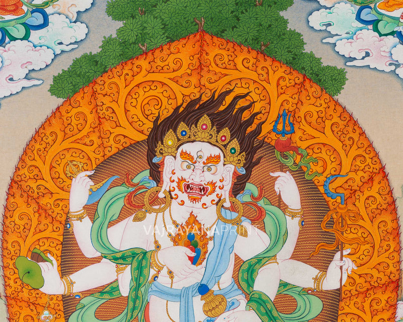 Thangka Print of White Mahakala with Five Jambala: Assembly of Wealth Deities