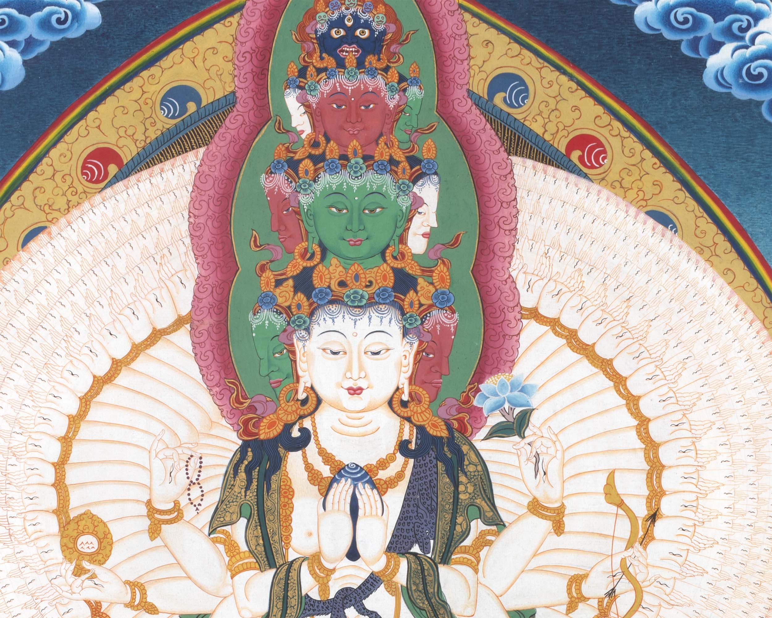 1000 Armed Chenrezig Thangka Print Surrounded by Celestial Deities | Traditional Buddhist Artwork