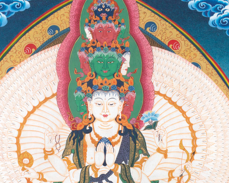 1000 Armed Chenrezig Thangka Print Surrounded by Celestial Deities | Traditional Buddhist Artwork