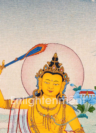 Tibetan Manjushri Thangka Painting | The Wisdom Deity Art for Spiritual Enlightenment | Hand Painted Artwork