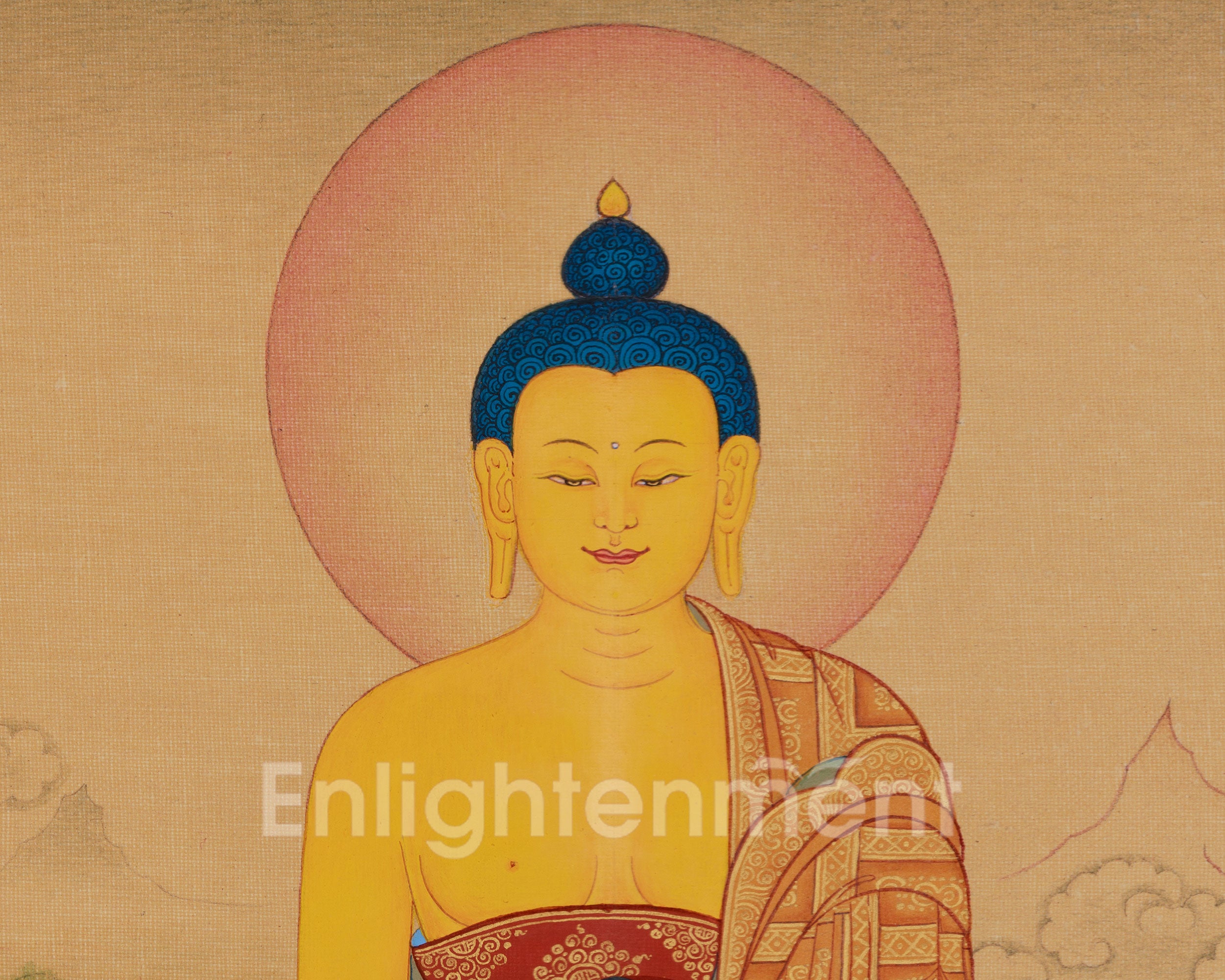 Hand-Painted Buddha In Bhumi Sparsha Mudra Thangka | Tibetan Buddha Painting