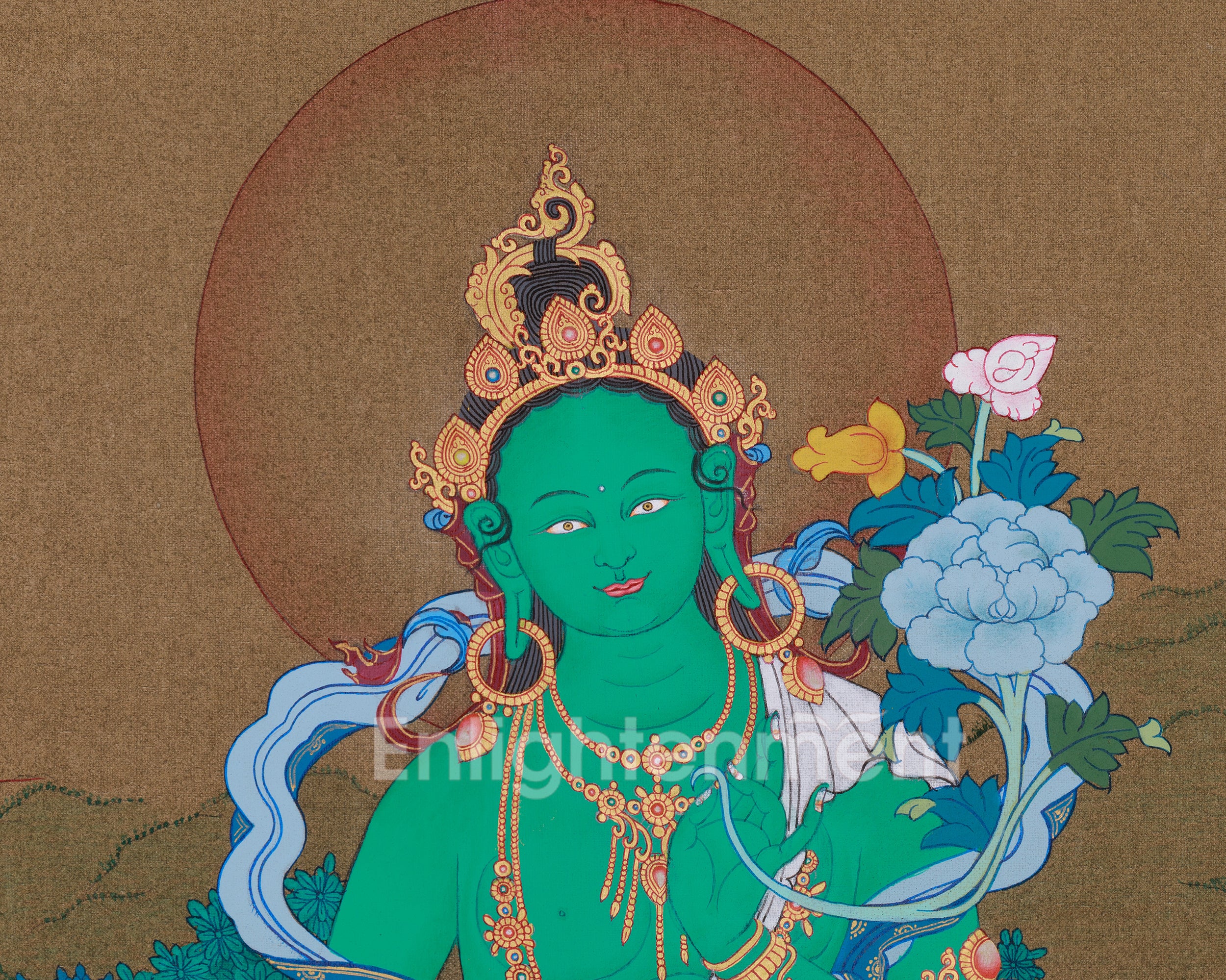 Buddhist Goddess Arya Tara Painting | The Compassionate Green Tara, Protector and Healer