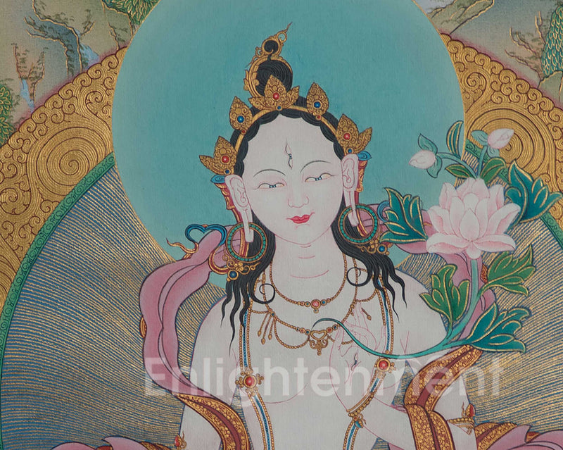 White Tara Thangka | Traditional Tibetan Painting In Menri Style | Long Life Mother Drolma