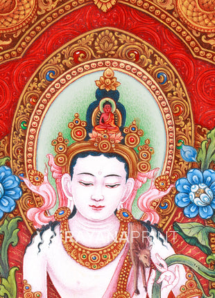 Standing Avalokiteshvara (Guanyin) Thangka Print | 5 Dhyani Buddhas |  High-Quality Giclee Print for Meditation | Paubha Painting