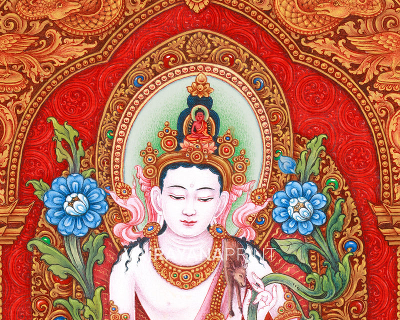 Standing Avalokiteshvara (Guanyin) Thangka Print | 5 Dhyani Buddhas |  High-Quality Giclee Print for Meditation | Paubha Painting