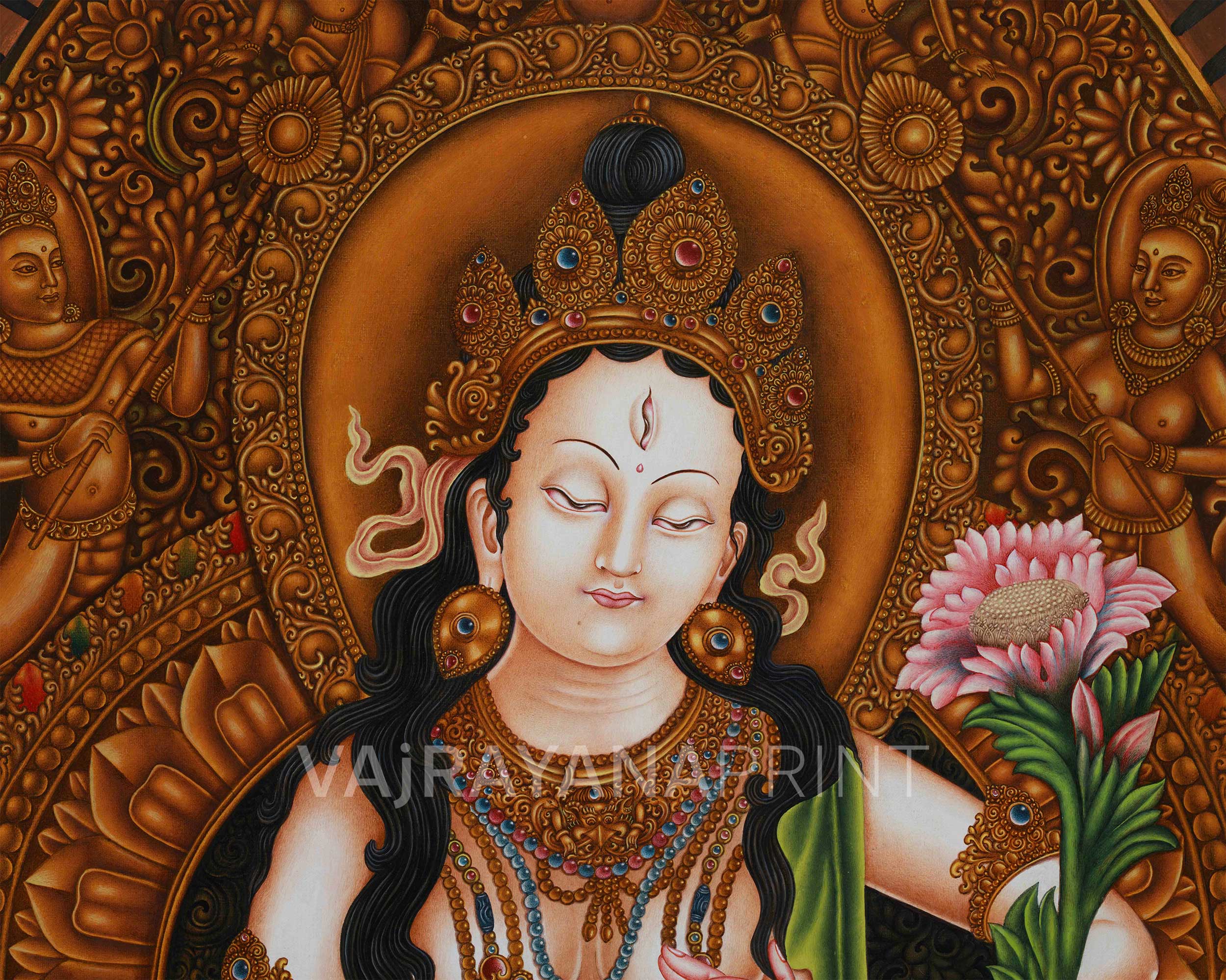 White Tara on Majestic Throne | Giclée Canvas Print of the Goddess of Longevity