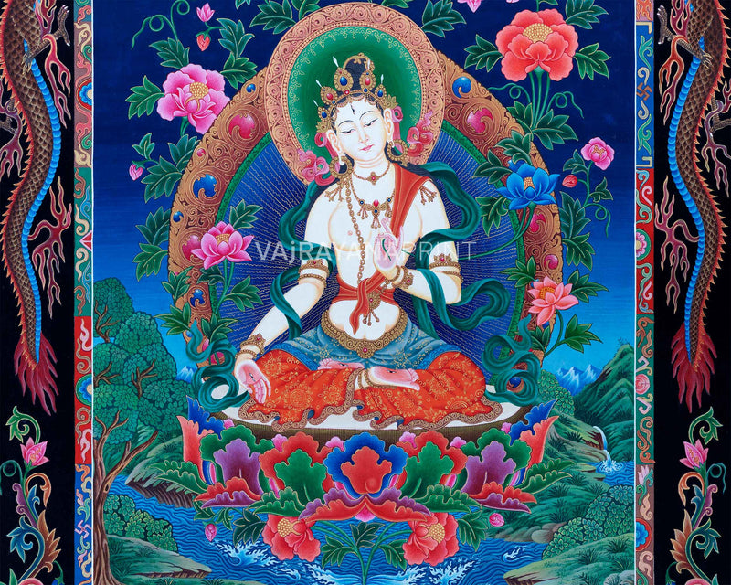 White Tara Female Buddha Giclee Print For Wall Hanging | Buddhist Deity Of Compassion & Longevity Canvas Art