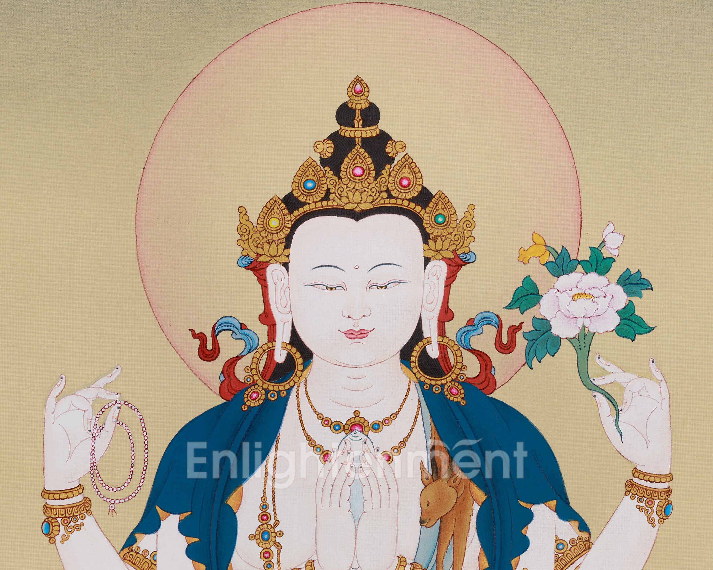 Spiritual Thangka Of Four-Armed Chenrezig | Avalokiteshvara Art | Meditation Altar