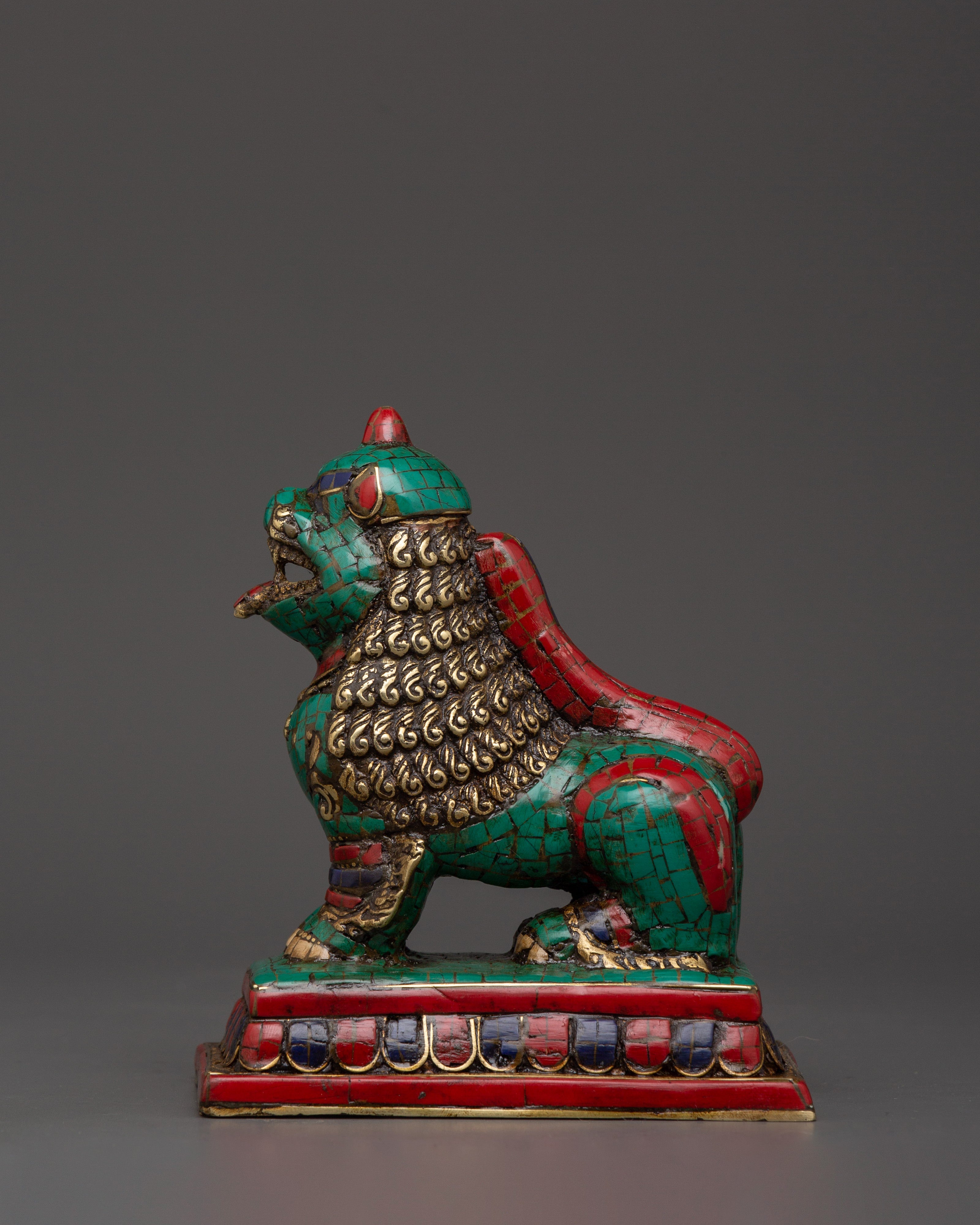 Tibetan Lion Set Brass Guardian Statues | Inlaid with Coral & Turquoise