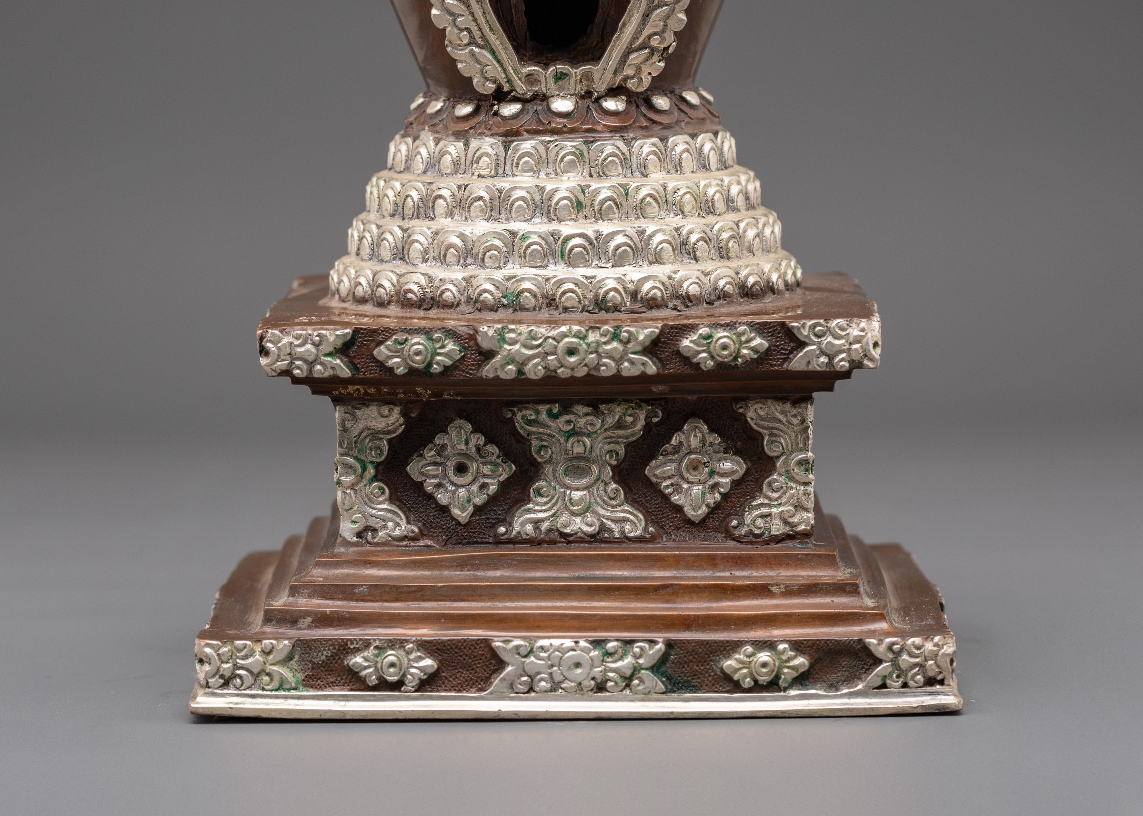 Buddhist Meditation Stupa | Silver Plated Oxidized Copper Altar Decor