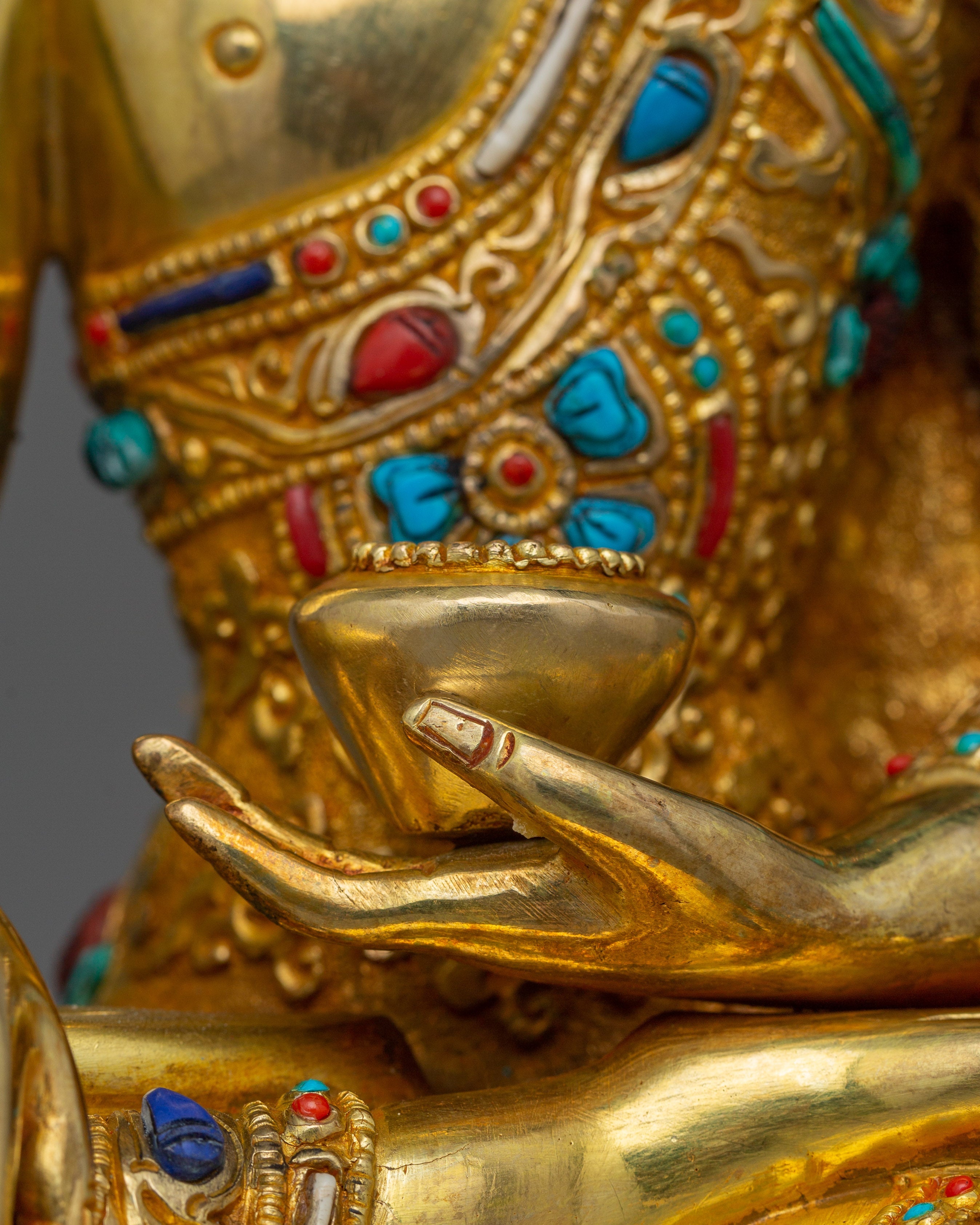 Shakyamuni Buddha adorned with Gemstone Statue | 24k Gold Gilded Sculpture