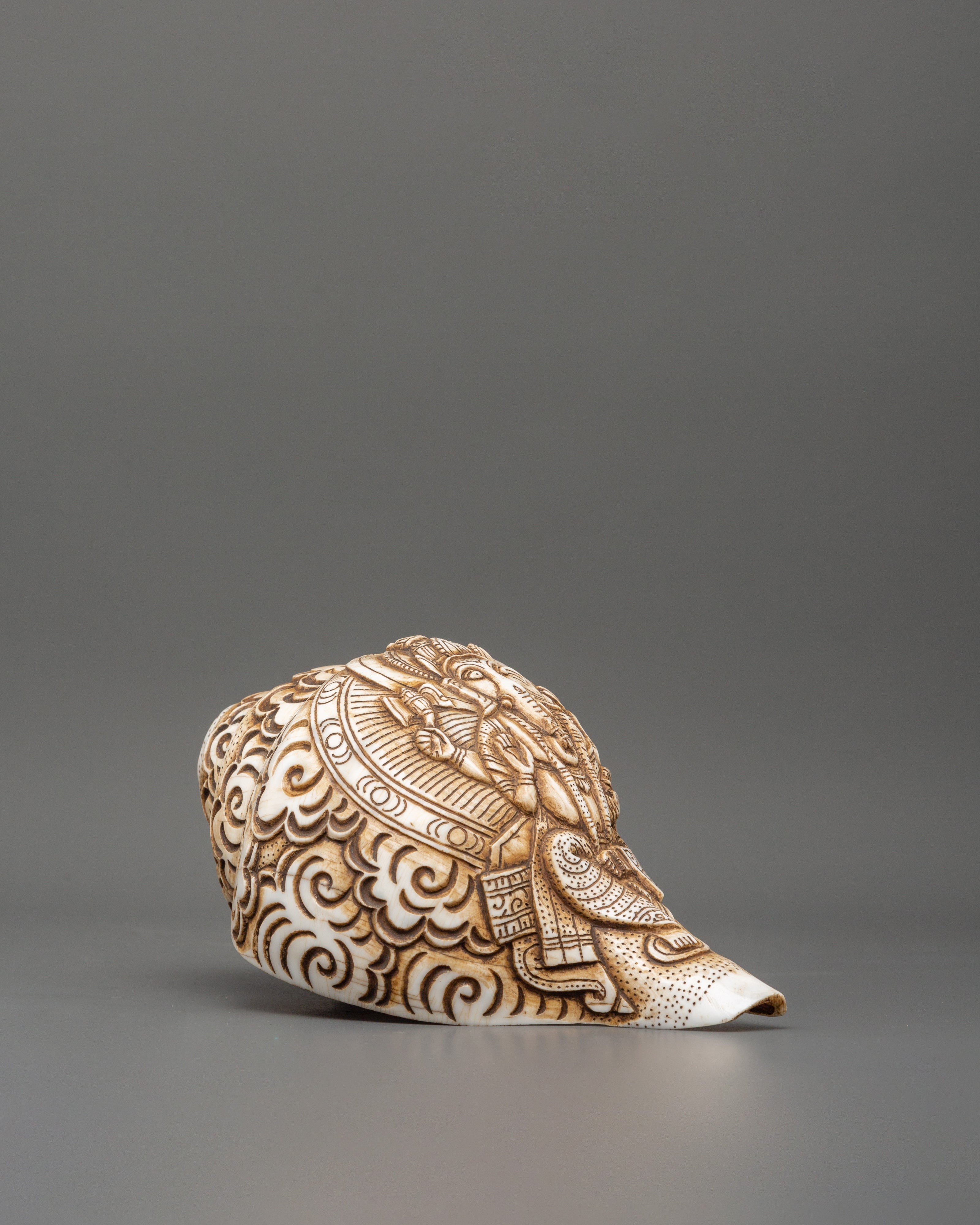 Ganesh Carved Conch Shell for Altar | Handcrafted Conch Shell Ritual Shankha