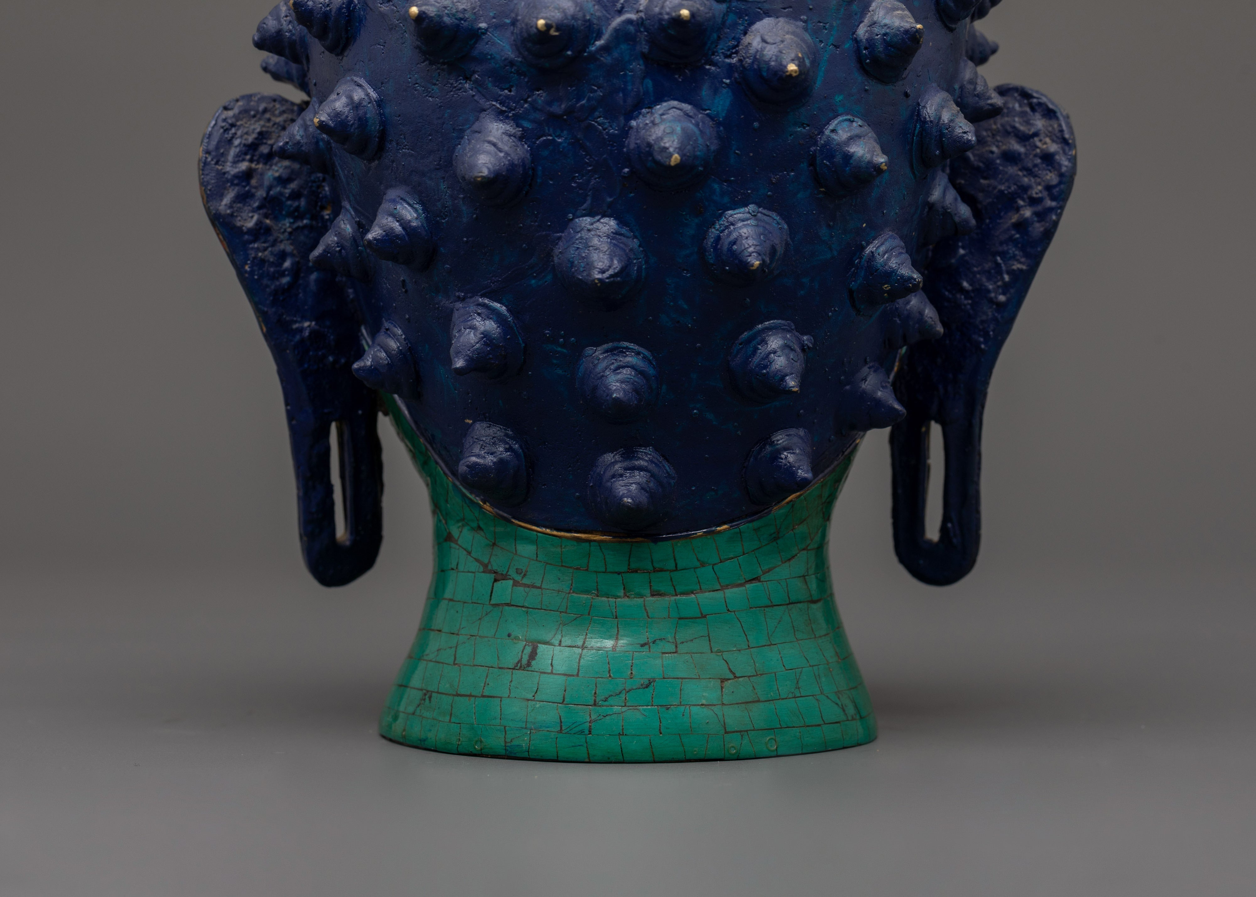 Large Brass Buddha Head Statue | Turquoise & Coral Inlay