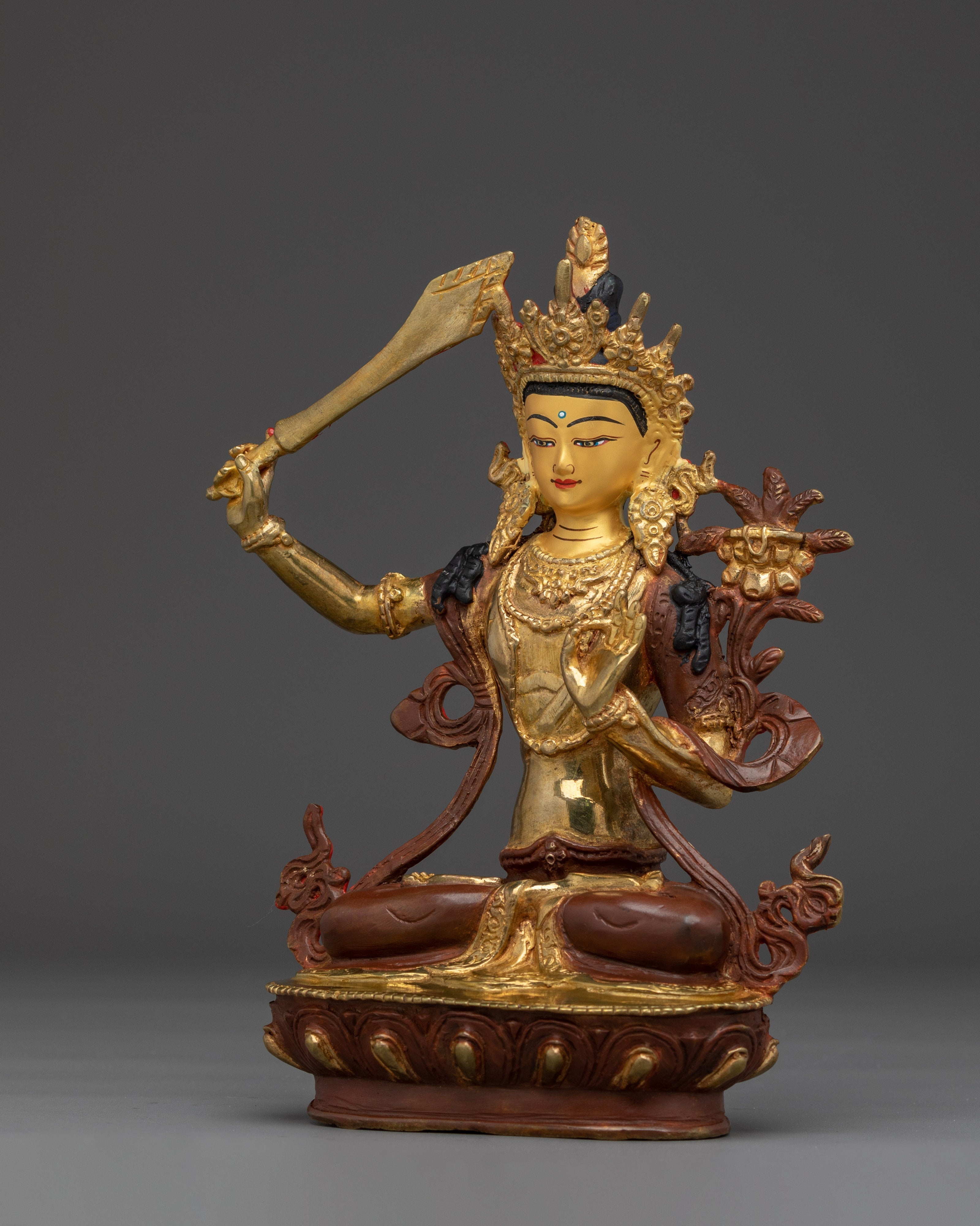 Manjushri statue with 24K Gold Gilding | Copper Wisdom Deity for Meditation