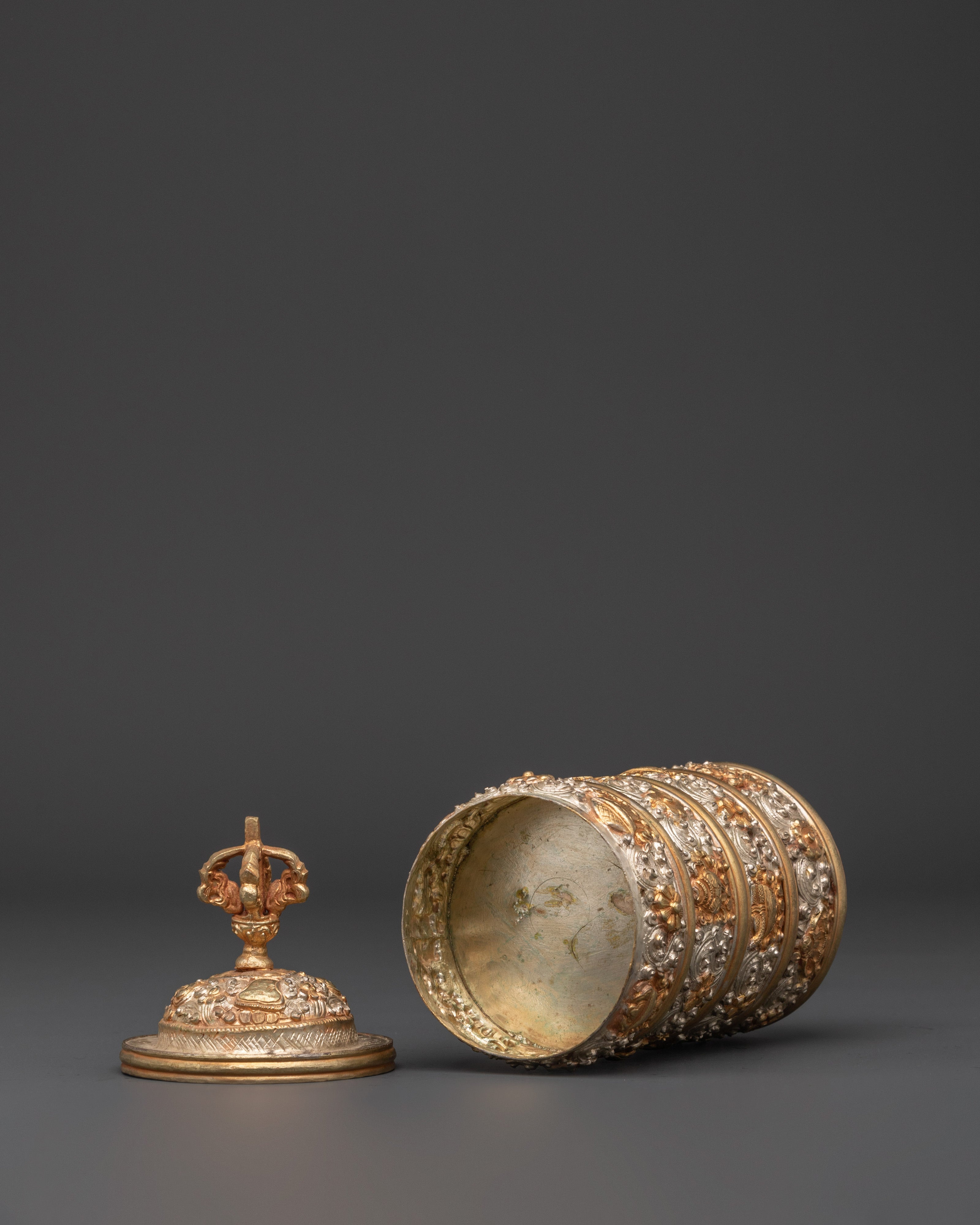 Ethnic Tibetan Rice Pot | Copper and Silver Plated Ritual Decorative Vessel