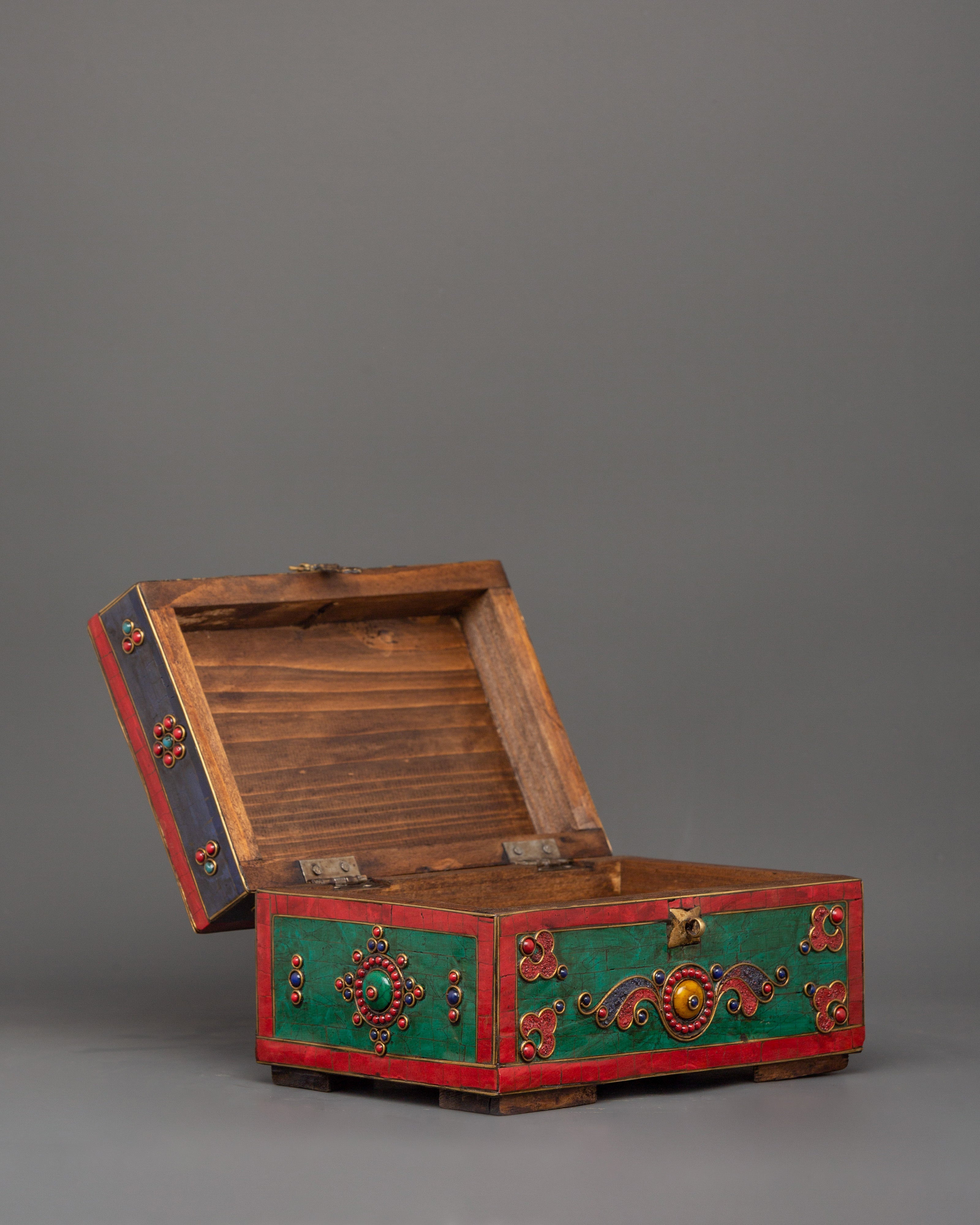 Hand-Painted Tibetan Wooden Box with Brass | Jewelry or Ritual Box