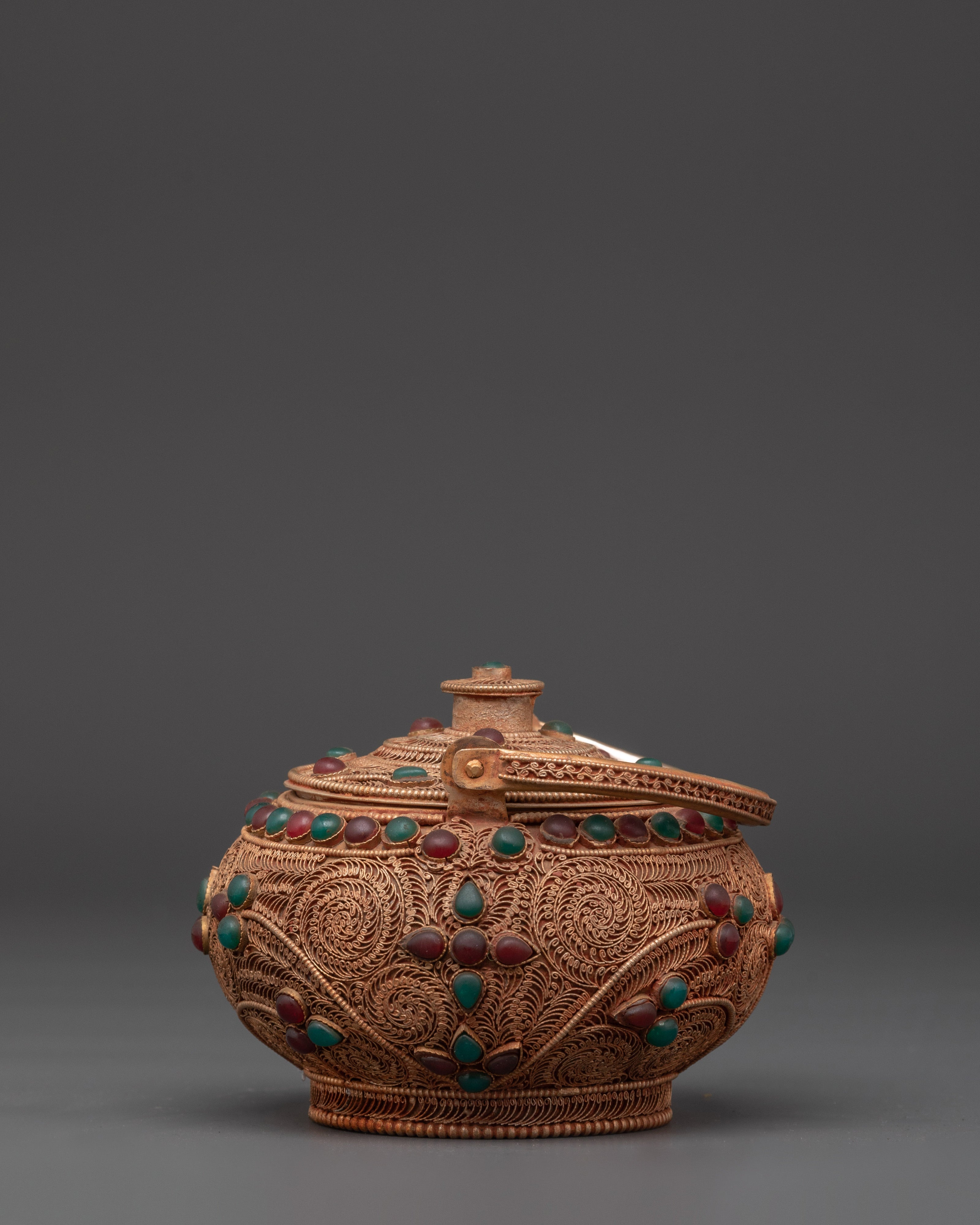 Handcrafted Tibetan Teapot | Traditional Copper & Gemstone Tea Pot