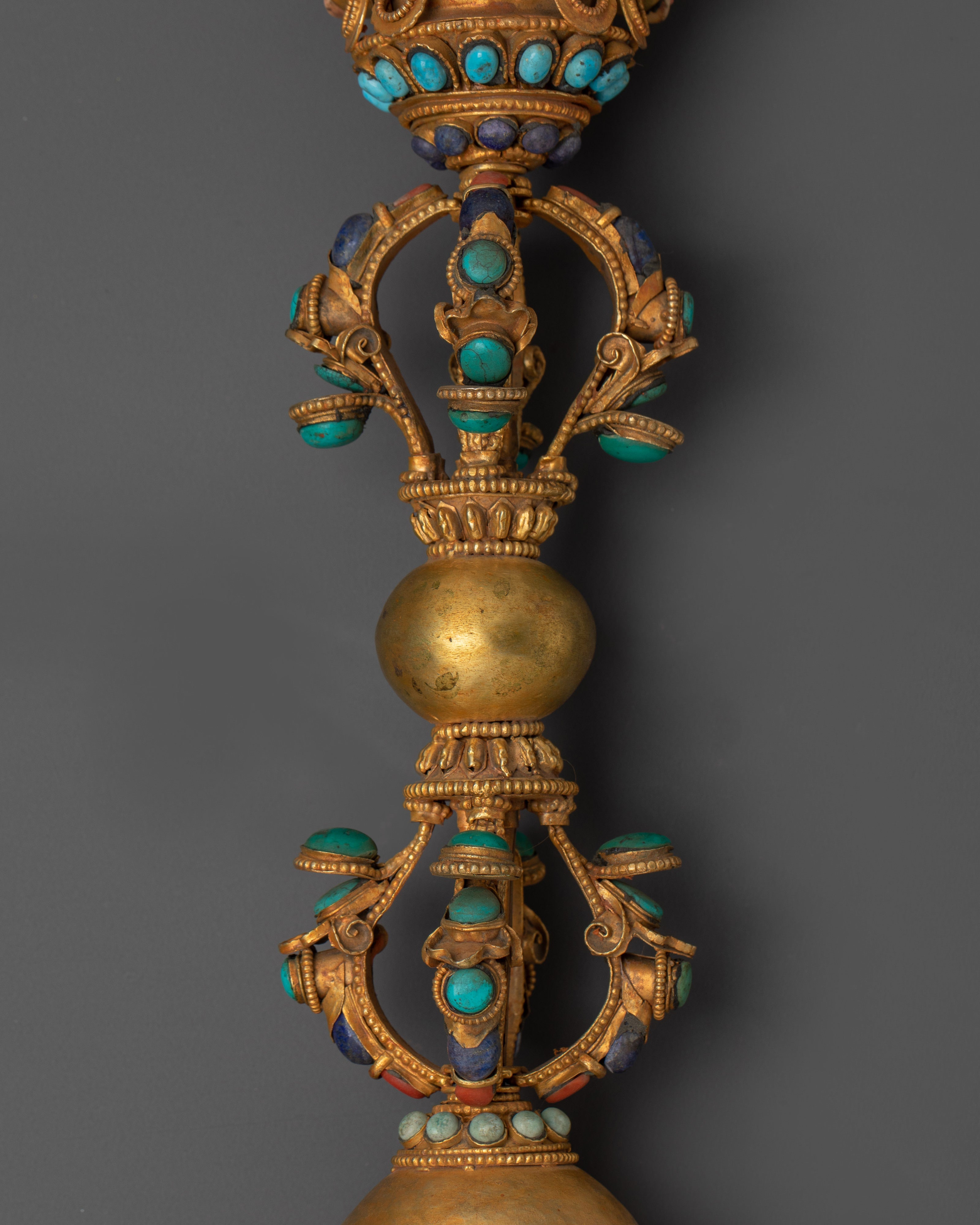 Buddhist Three Sided Phurba | Gold-Plated Ritual Dagger with Crystal and Turquoise
