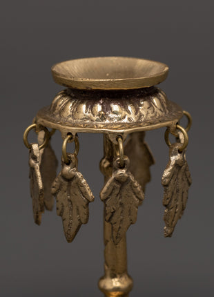 Traditional Brass Oil Lamp with Hanging Leaf Charms | Hindu & Buddhist Diya for Puja
