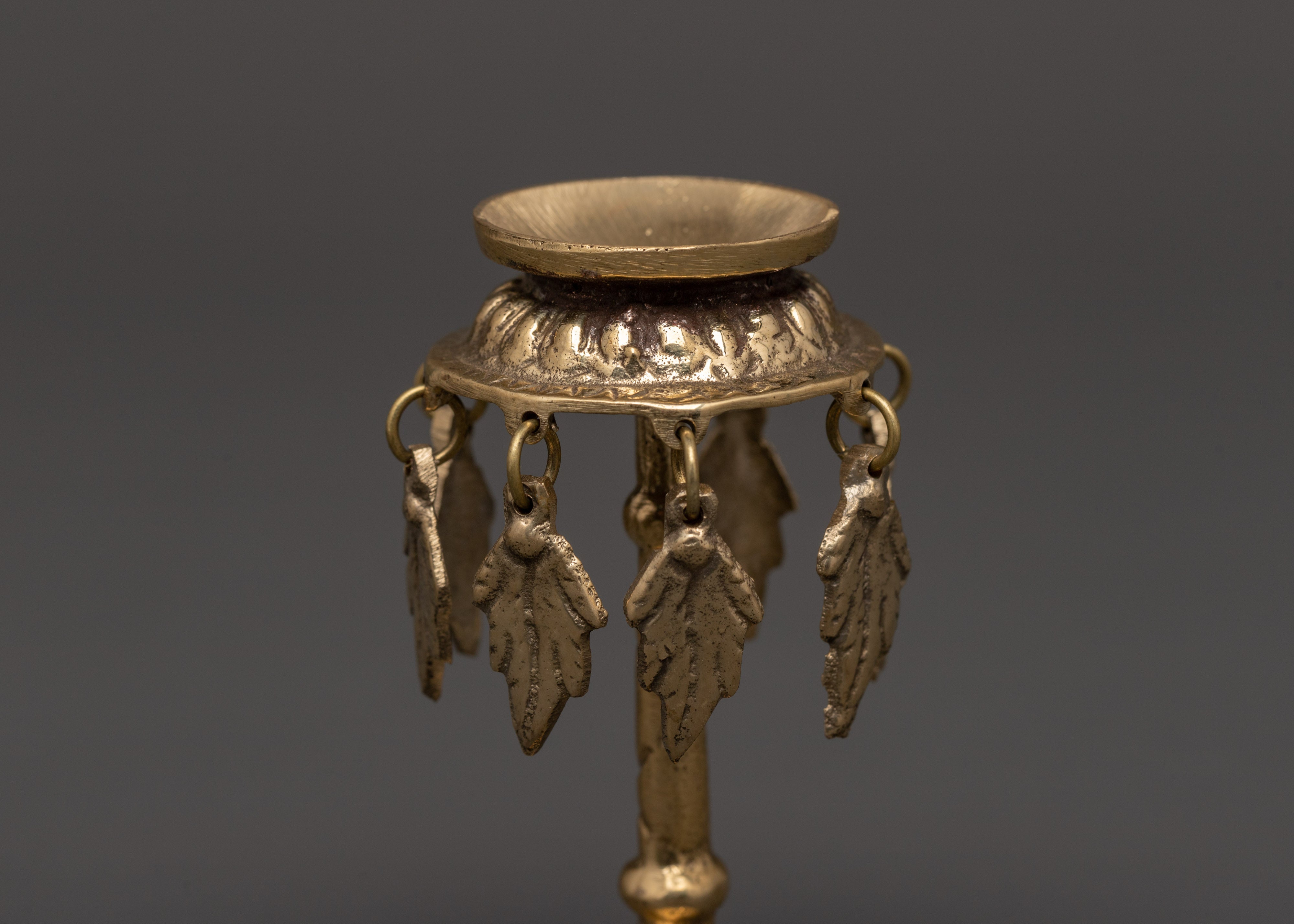 Traditional Brass Oil Lamp with Hanging Leaf Charms | Hindu & Buddhist Diya for Puja